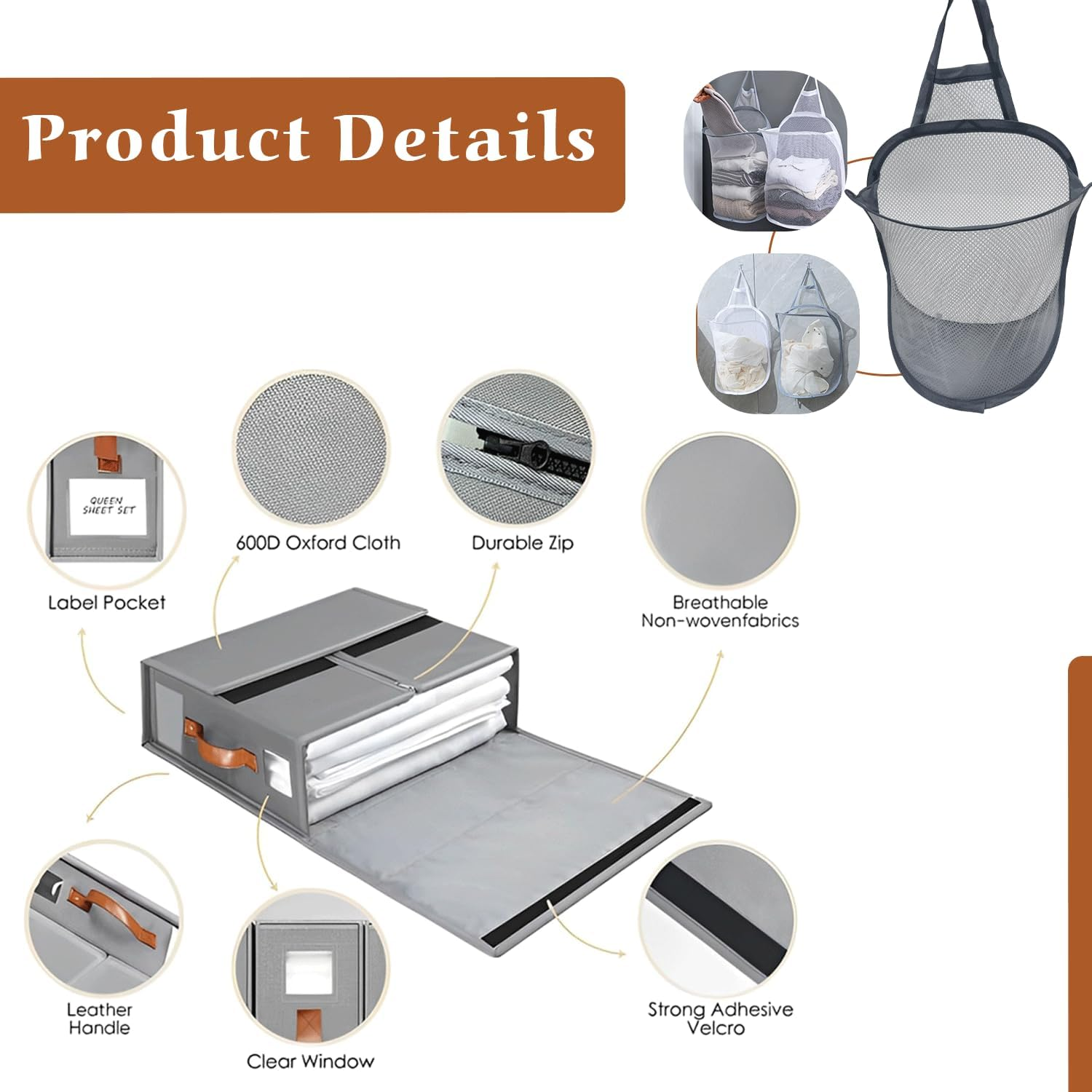 4 Pack Bedsheet Organizer with a Laundry Bag (Queen & King Size) - Foldable Bed Linen Storage with Window, Label & Zipper - Fabric Storage Bins for Clothes, Pillow Covers, Bed Sheets & Blankets image number 6