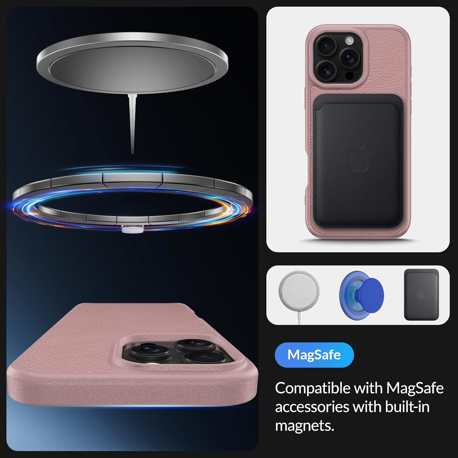 LONLI 2.0 - for Iphone 16 Pro Max Case - the Toughest Leather Magnetic Protective Phone Cover - [360&deg; Shock-Absorbent Bumper and Inner TPE Frame] - [Compatible with Magsafe] - Light Pink Leather