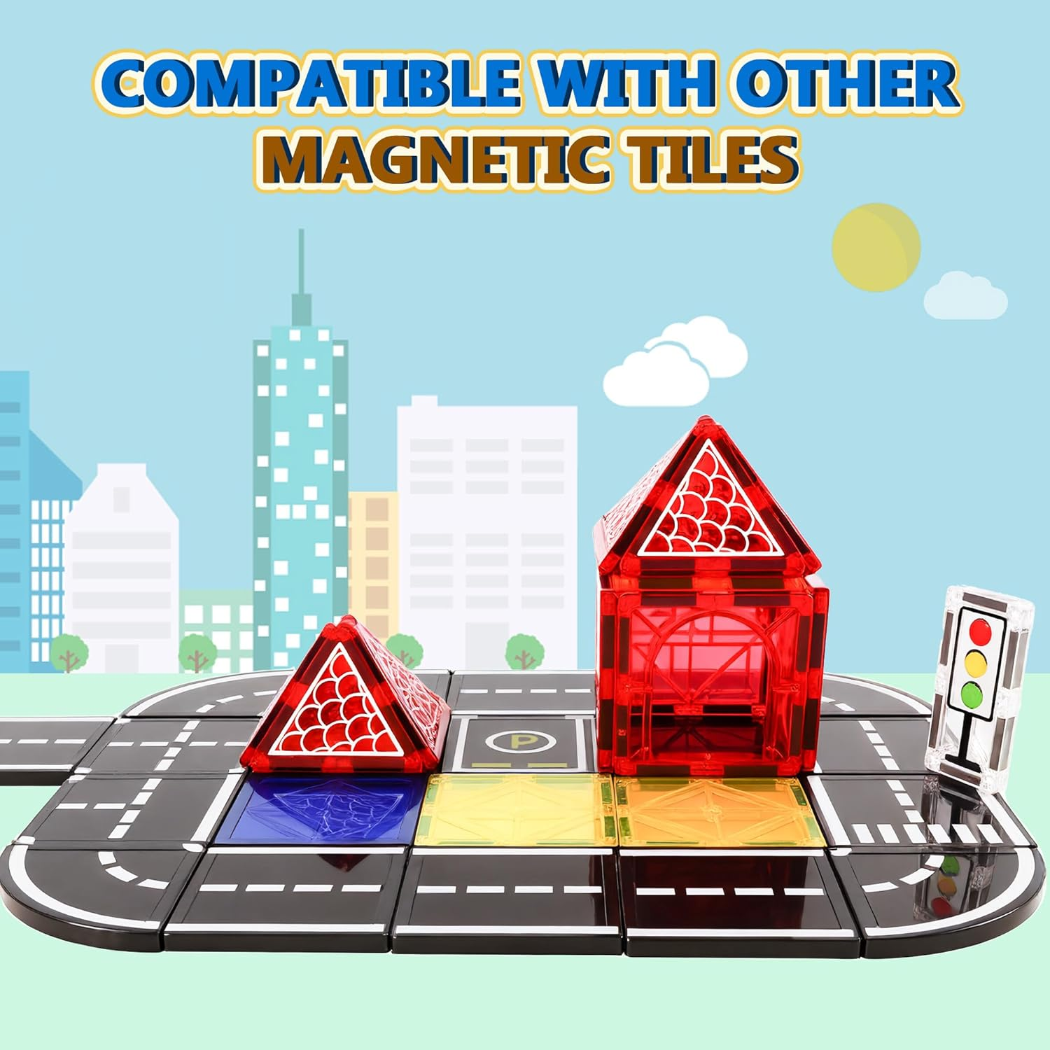 OMIPAWZ Magnetic Road Tiles Set, STEM Magnet Building Blocks Toys for Kids Age 3-8 image number 1