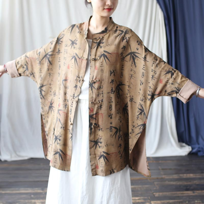 Vintage Ethnic Distressed Mandarin-Collar Frog-Button Jacket Women'S Loose Fit Long-Sleeve Outerwear Coffee image number 3