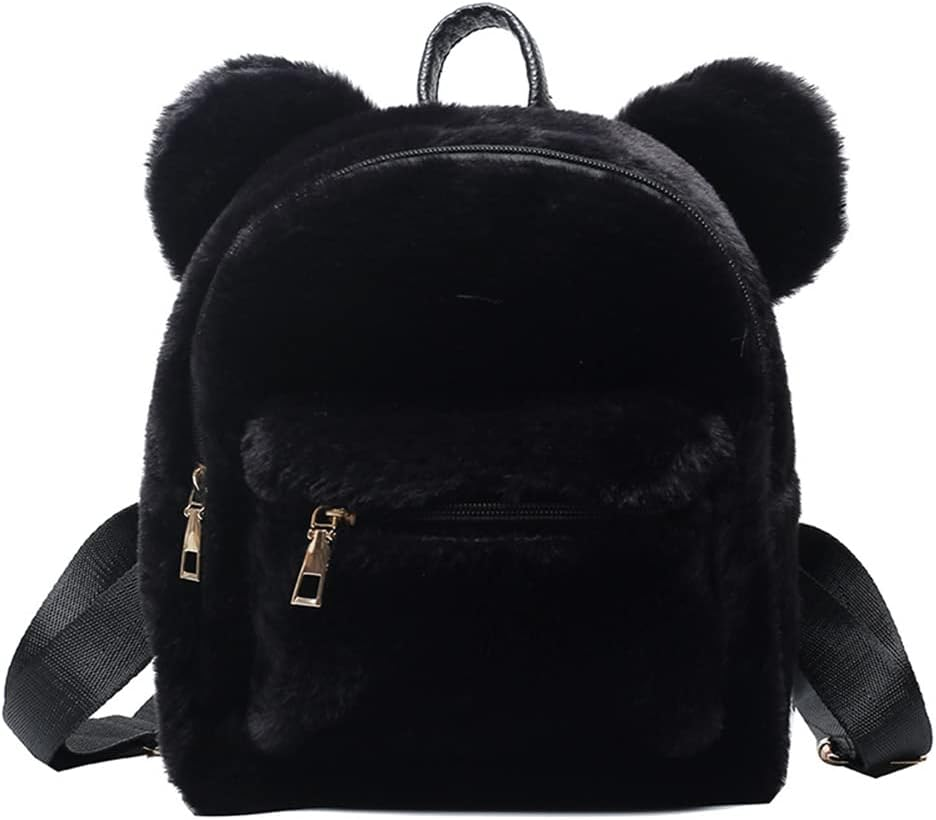 Cute Fuzzy Bear Ears Backpack Kawaii Soft Fluffy Casual Daypack Mini Shoulder Bag Purse for Girls