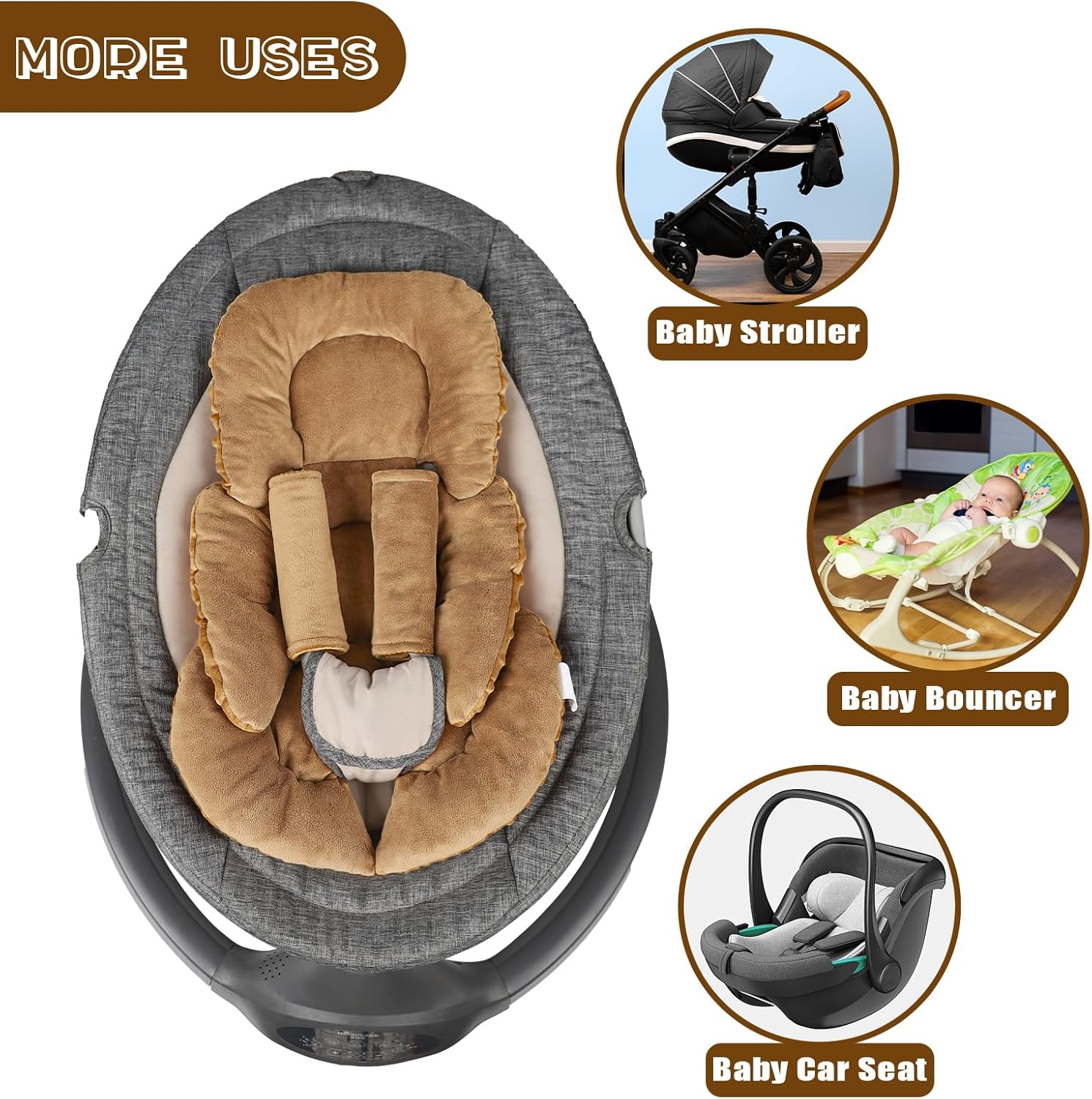 GFU Infant Car Seat Insert Head and Body Support, Reversible Newborn Insert for Carseat with Strap Pads, Soft Stroller Cushion Pillow Insert for Boys and Girls, Fits for Stroller, Swing, Brown image number 4
