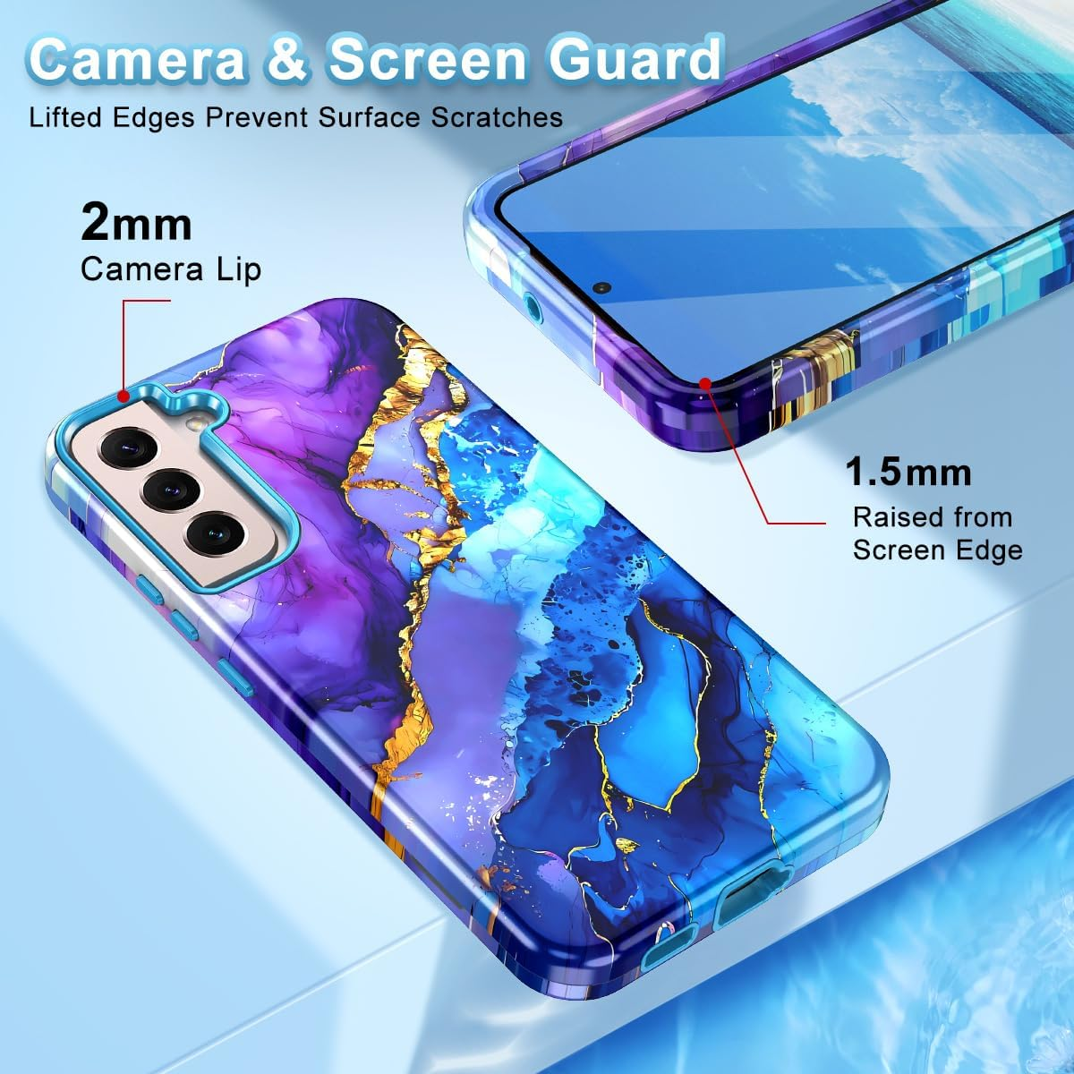 Btscase for Samsung Galaxy S22 5G Case,Marble Pattern 3 in 1 Heavy Duty Shockproof Full Body Rugged Hard Pc+Soft Silicone Drop Protective Women Girl Cover for Samsung Galaxy S22 6.1 Inch,Sky Blue - Colorful image number 2