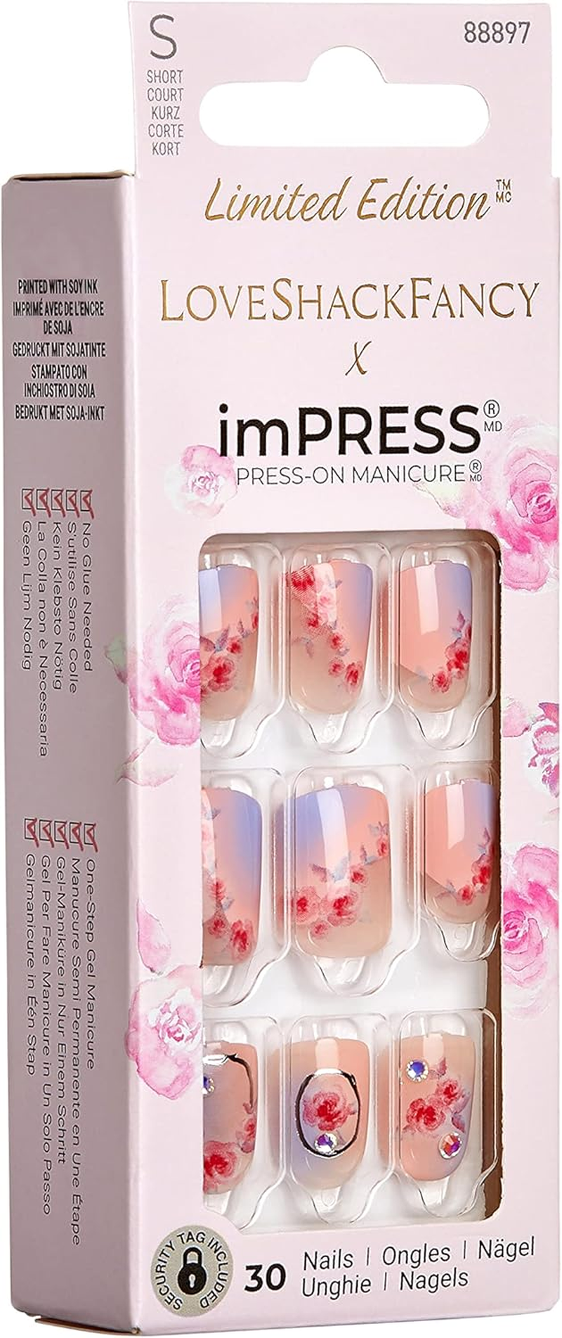 Impress KISS Loveshackfancy X Press-On Manicure Limited Edition, Style "Sunkissed Peach" Short Square Pink Press-On Nails, Includes Prep Pad, Mini Nail File, Cuticle Stick, & 30 Fake Nails image number 3