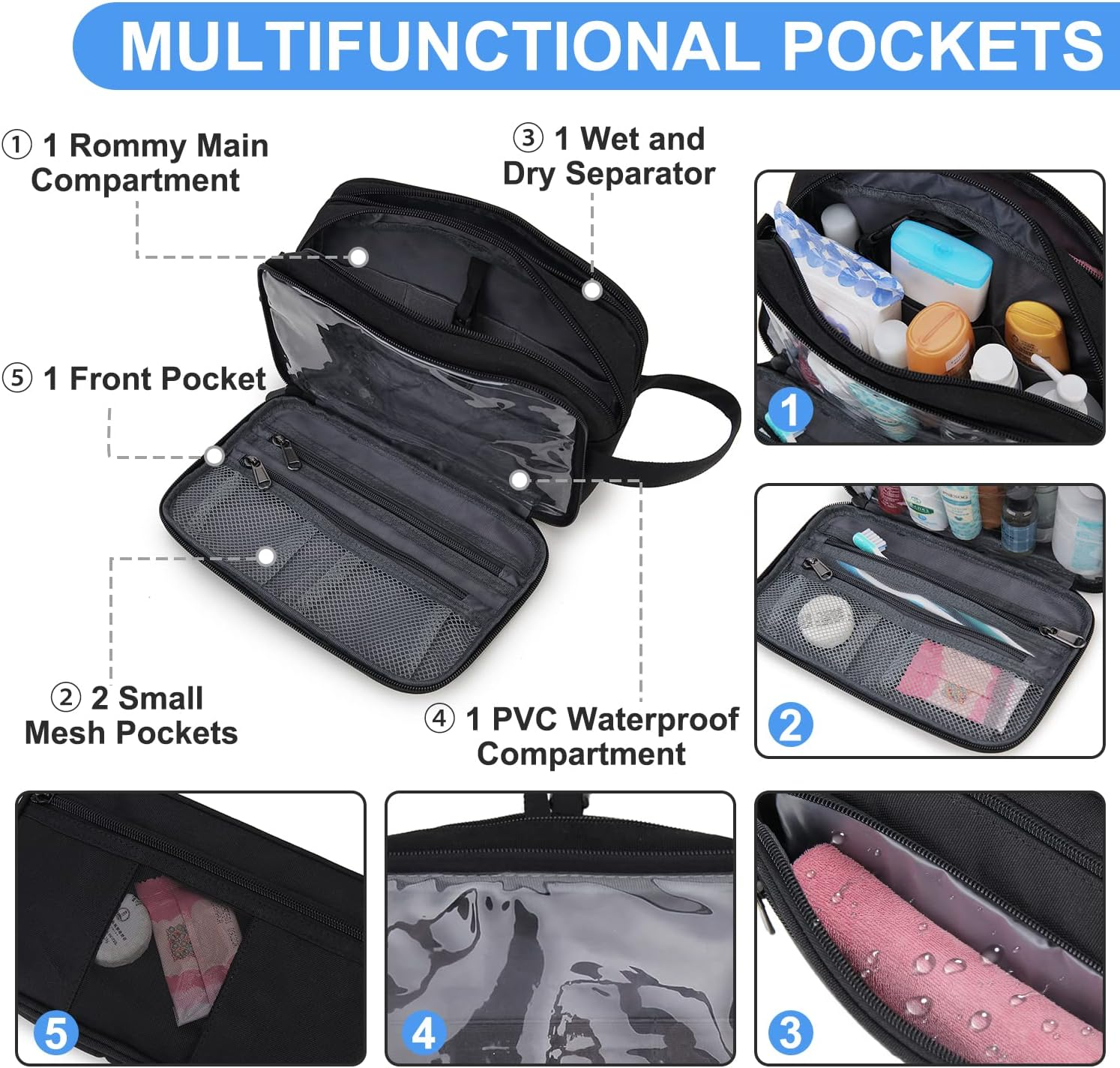 Toiletry Bag for Women, Travel Makeup Organizer with Hang Hook, Water-Resistant Shaving Bag for Men, VONXURY (Black) image number 4