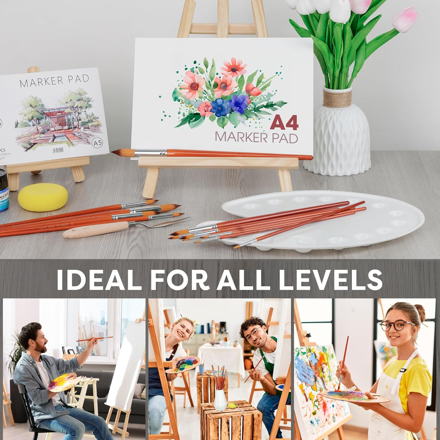 Artist Watercolor Paint Brushes Set 13Pcs - round Pointed Tip Soft Anti-Shedding Nylon Hair Wood Long Handle - Detail Paint Brush for Watercolor, Acrylics, Ink, Gouache, Oil, Tempera, Paint by Numbers