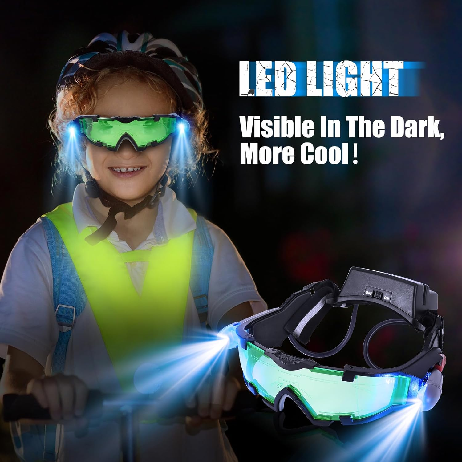 ALLOMN Spy Night Vision Goggles with Flip-Out, Adjustable Kids LED Night Green Lens Glasses for Hunting Racing Bicycling, Skying to Protect Eyes image number 4