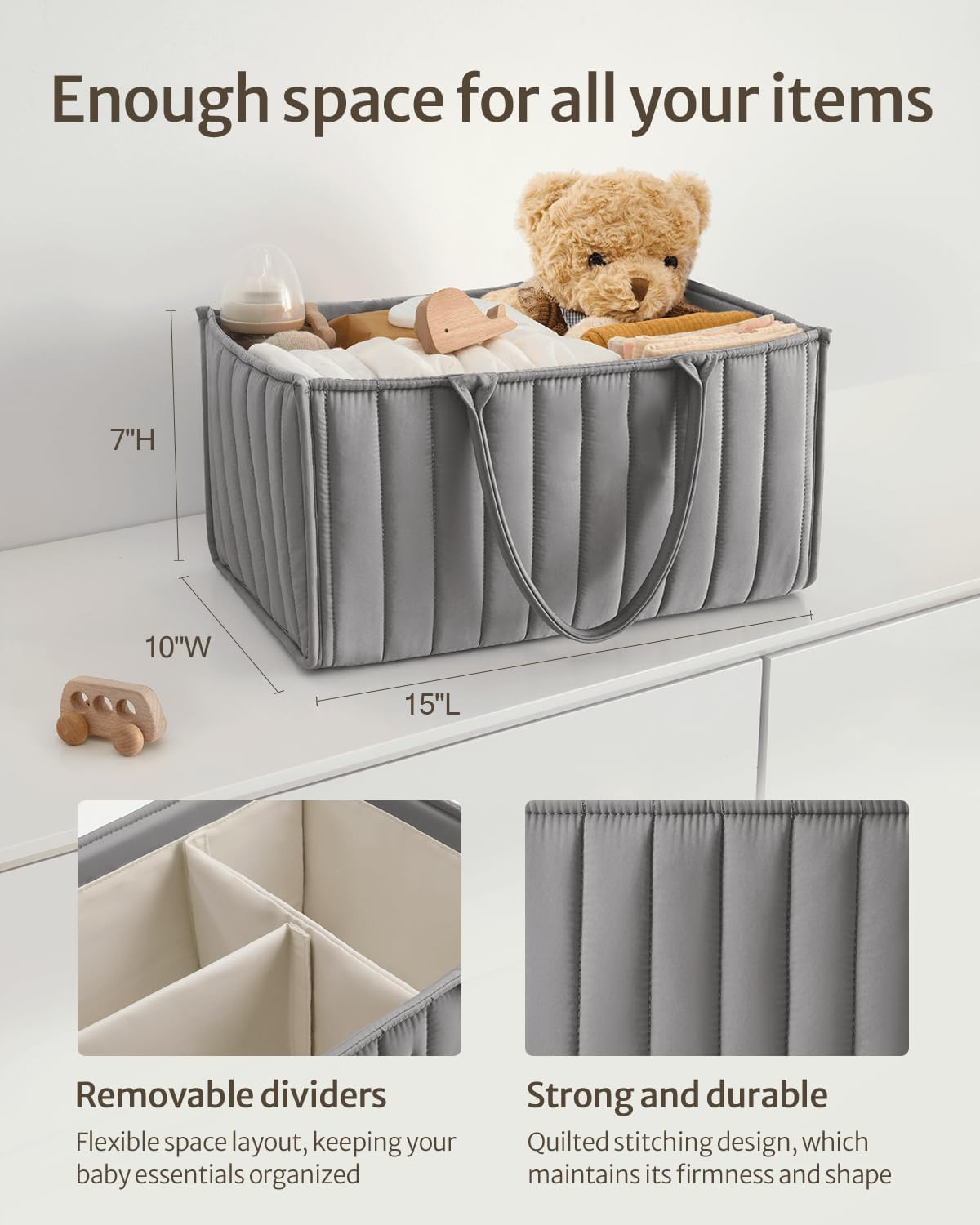 Baby Diaper Caddy Organiser, Large Nursery Storage Basket, Portable Nappy Organiser, Grey image number 1