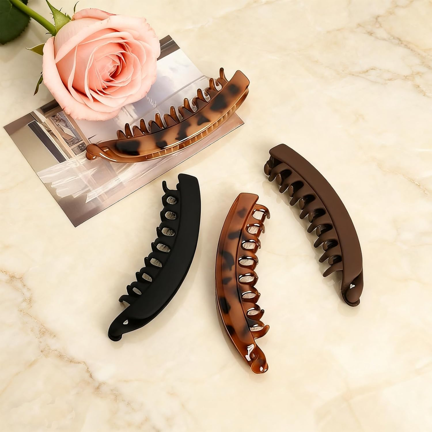 Xlihdzum 4Pcs Banana Clip Clincher Comb Hair Grips - Tortoiseshell Ponytail Holder Combs for Women & Girls, Strong Hold Hair Clips for Thick & Long Hair (Versatile Styling, Comfortable Wear)