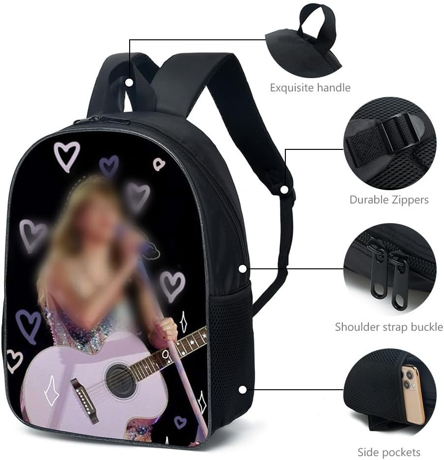 3Pcs Singer Music Lover Backpack Set with Keychain,16In 3D Printed Lunch Bag High Capacity Schoolbag Boy and Girl Schoolbag., Black, 16In