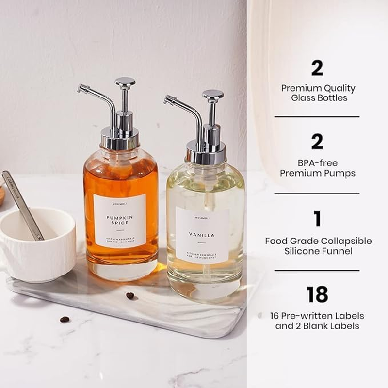 Coffee Syrup Dispenser for Coffee Bar, Coffee Pump Dispenser, Glass Syrup Bottle, Pump,16.9 Oz. 500 Ml,2 Piece Set, Gold Upgrade Pump (Silver) image number 3