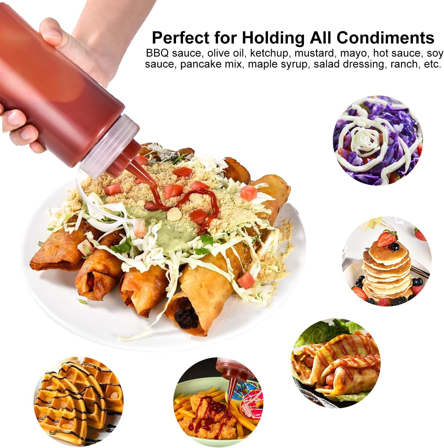 Condiment Squeeze Bottles, 16Oz/470Ml Durable Sauce Bottles with Twist on Caps and Measurement, Plastic Squeeze Squirt Bottle for BBQ, Ketchup, Grilling, Salad, Dressing(Pack of 8) image number 4