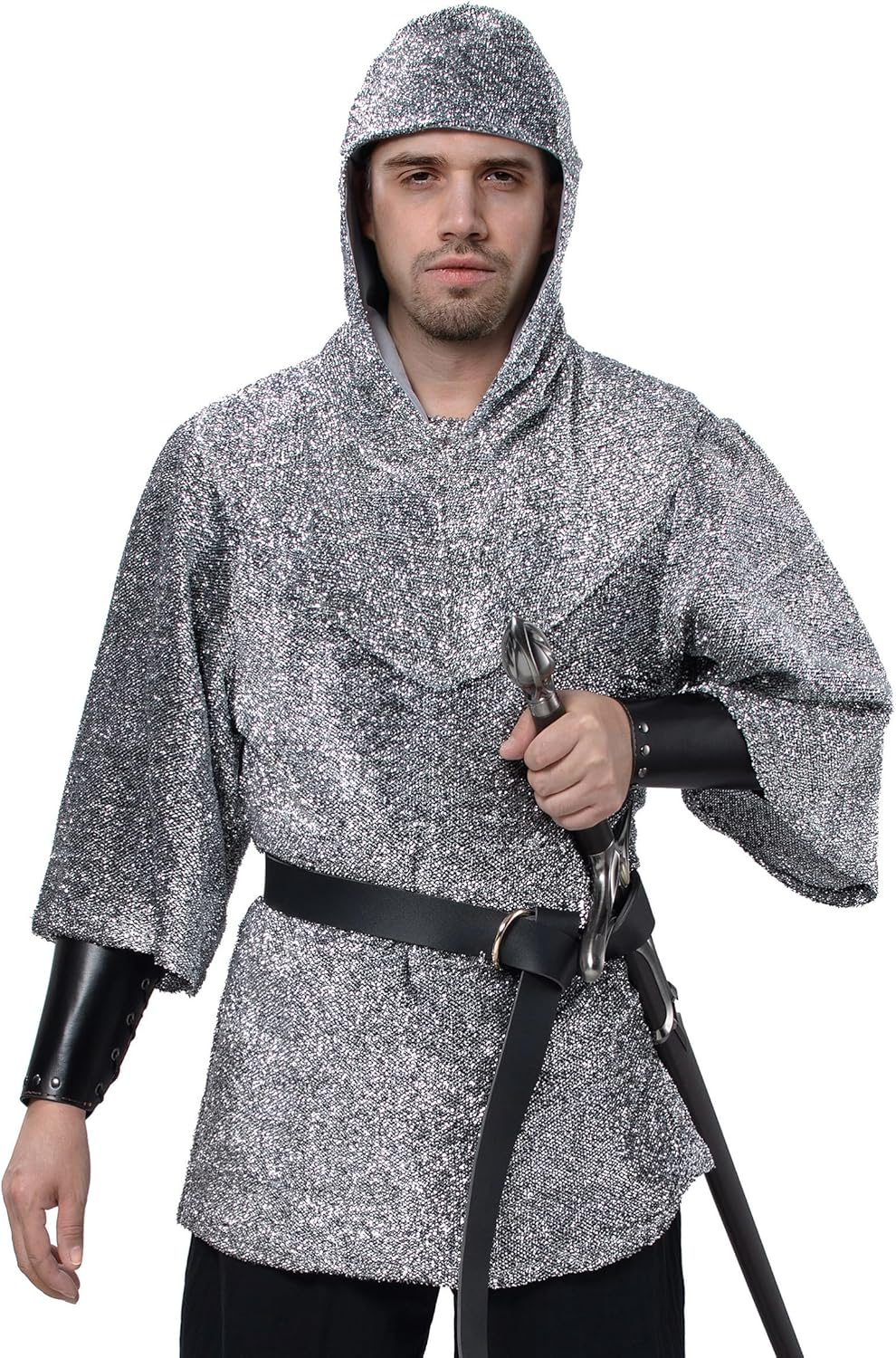 Renaissance Faux Chain Mail Armor Tunic Shirt Coif Medieval Knight Cowl Crusader Costume Outfit Bracers Waist Belt Set