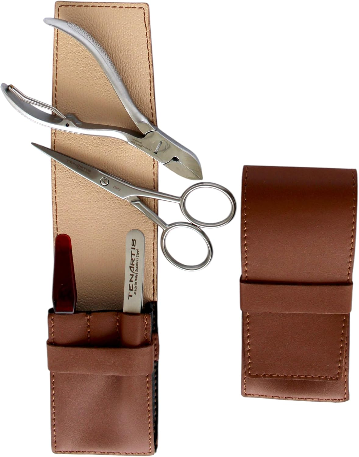 4-Piece Genuine Leather Men'S Grooming Set | Manicure, Pedicure, Beard and Mustache - Tenartis 381 Made in Italy (Beige)