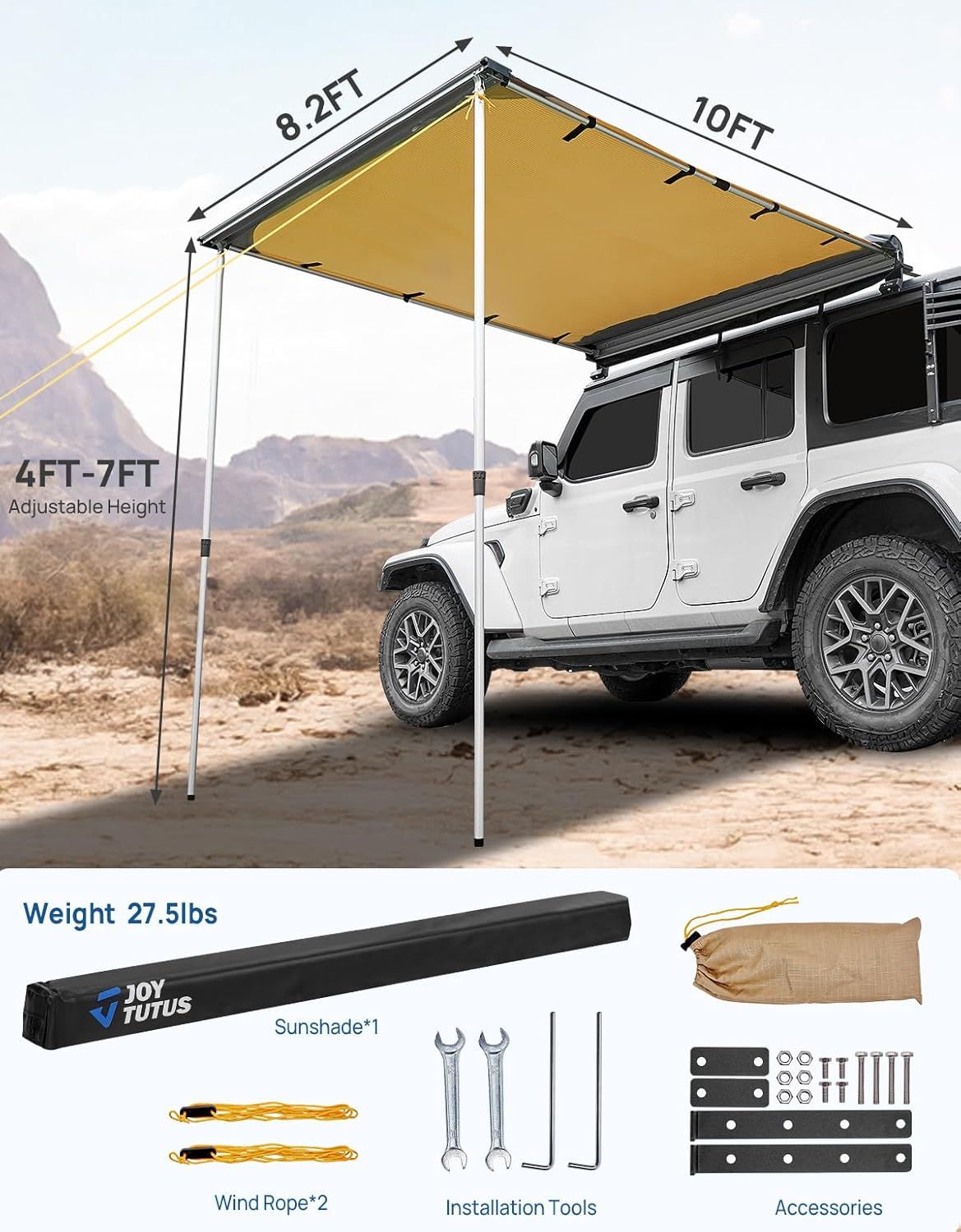 JOYTUTUS Car Side Awning 2.5X3M Roof Rack Pull-Out Sun Shade UV50+, Weatherproof 4X4 Side Awning for Camping, Car Sunshade with Adjustable Hardware, Quick Set-Up, Suv/Truck/Van/Jeep image number 3