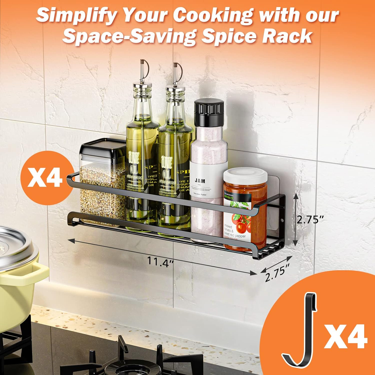 Bunoxea Spice Rack Wall Mounted 4 Pack, Space-Saving Spice Organizer for Spice Jars and Seasonings,Screw or Adhesive Hanging Spice Rack Organizer for Your Kitchen Cabinet,Or Pantry Door - Black image number 4