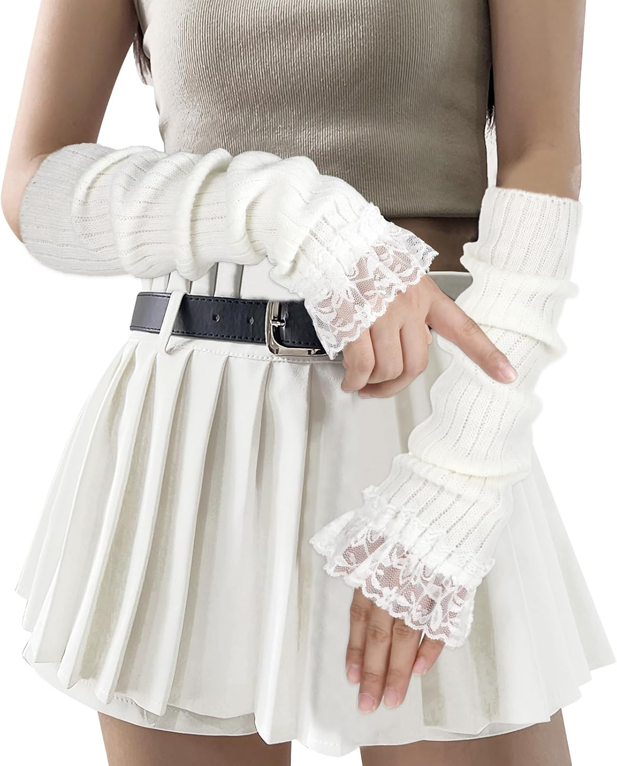 Arm Warmers for Long Sleeve Fingerless, Y2K Cool Girls Arm Covers, White Cute Harajuku Knitted Lace Arm Sleeve