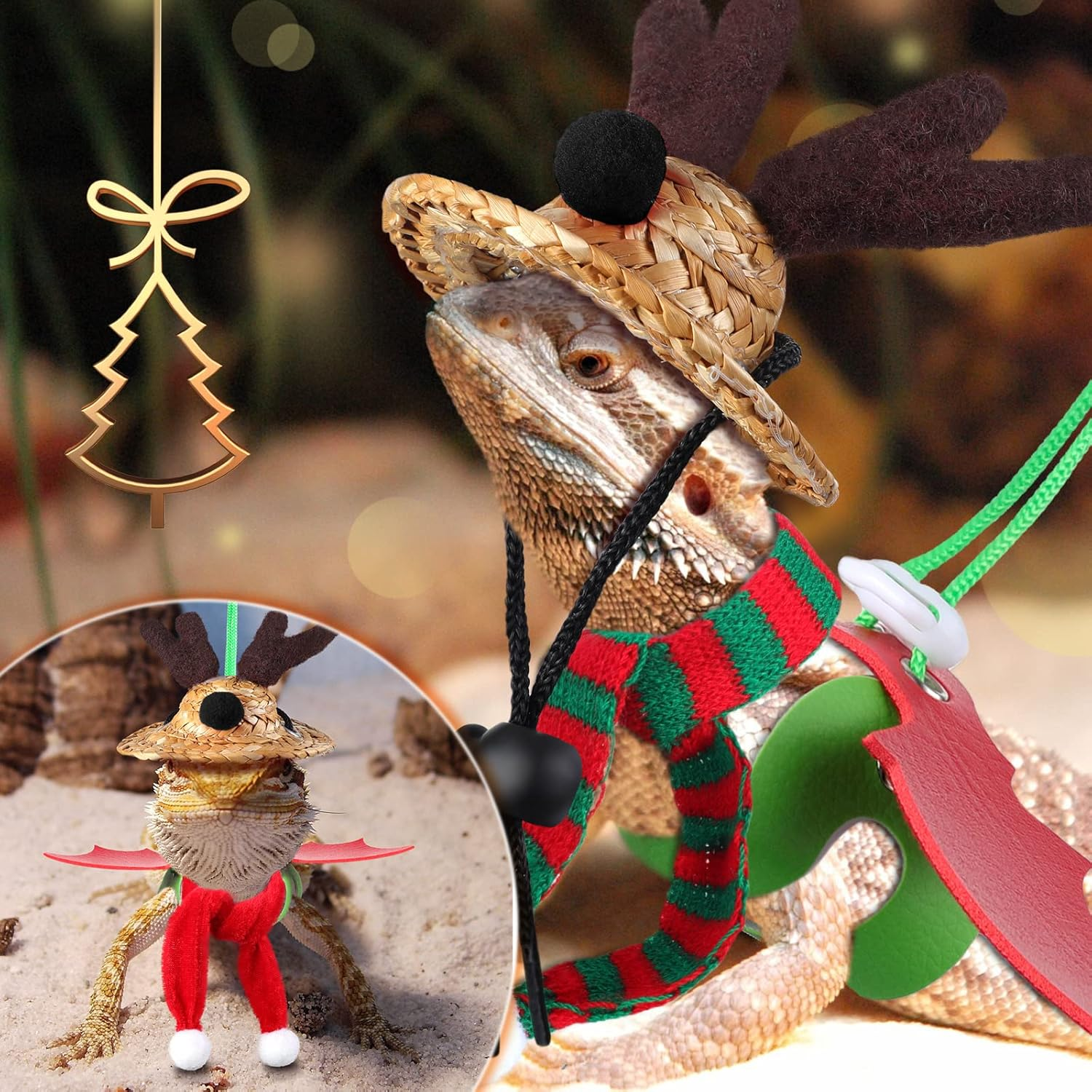 7 Piece Christmas Bearded Dragon Costume Set - Santa Hat, Scarf, Leash Harness - Xmas Lizard Accessories for Reptile Cosplay Photo Prop, Red image number 6
