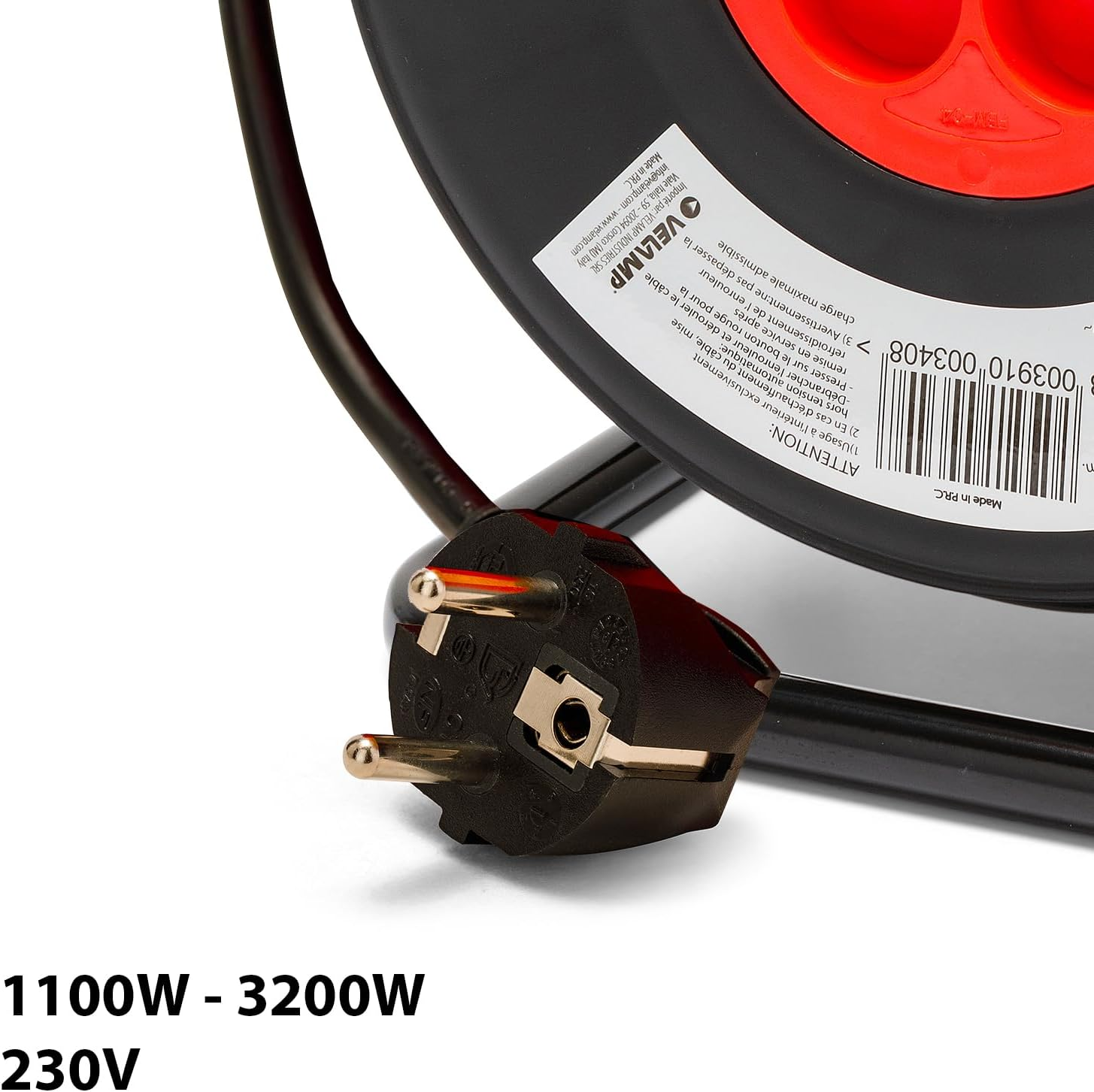 Velamp REEL-FR-15 15M Extension Cable with Reel 4 Sockets 16A Section 3G1.5Mm2 Black and Red