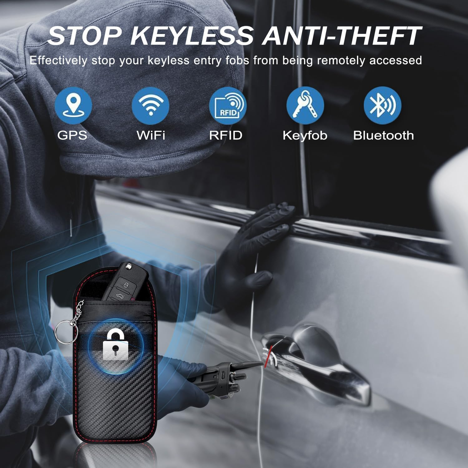 WEKUBA Faraday Pouch for Car Key, 3 Packs of Faraday Bags, with Hooks and Fixed Key Rings, Car RFID Blocker Bag for Car Security, Anti-Theft Signal, Anti-Hacking Case Blocker image number 1