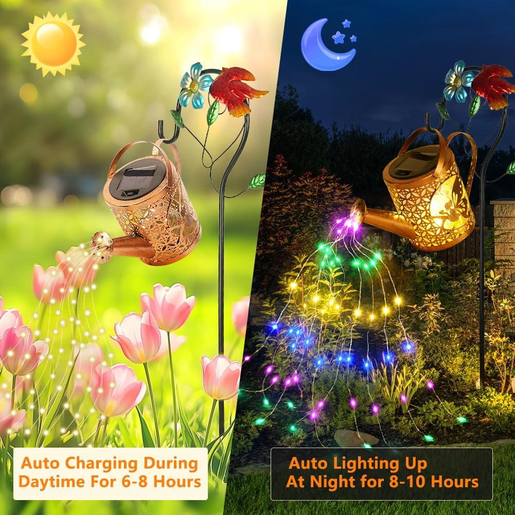 Vsshe Solar Watering Can Fairy Lights Outdoor Garden Decoration, LED Outdoor Solar Lights with Shepherd Hook for Outdoor Garden Waterproof Vintage Fairy Lights for Yard Path Balcony Patio Garden