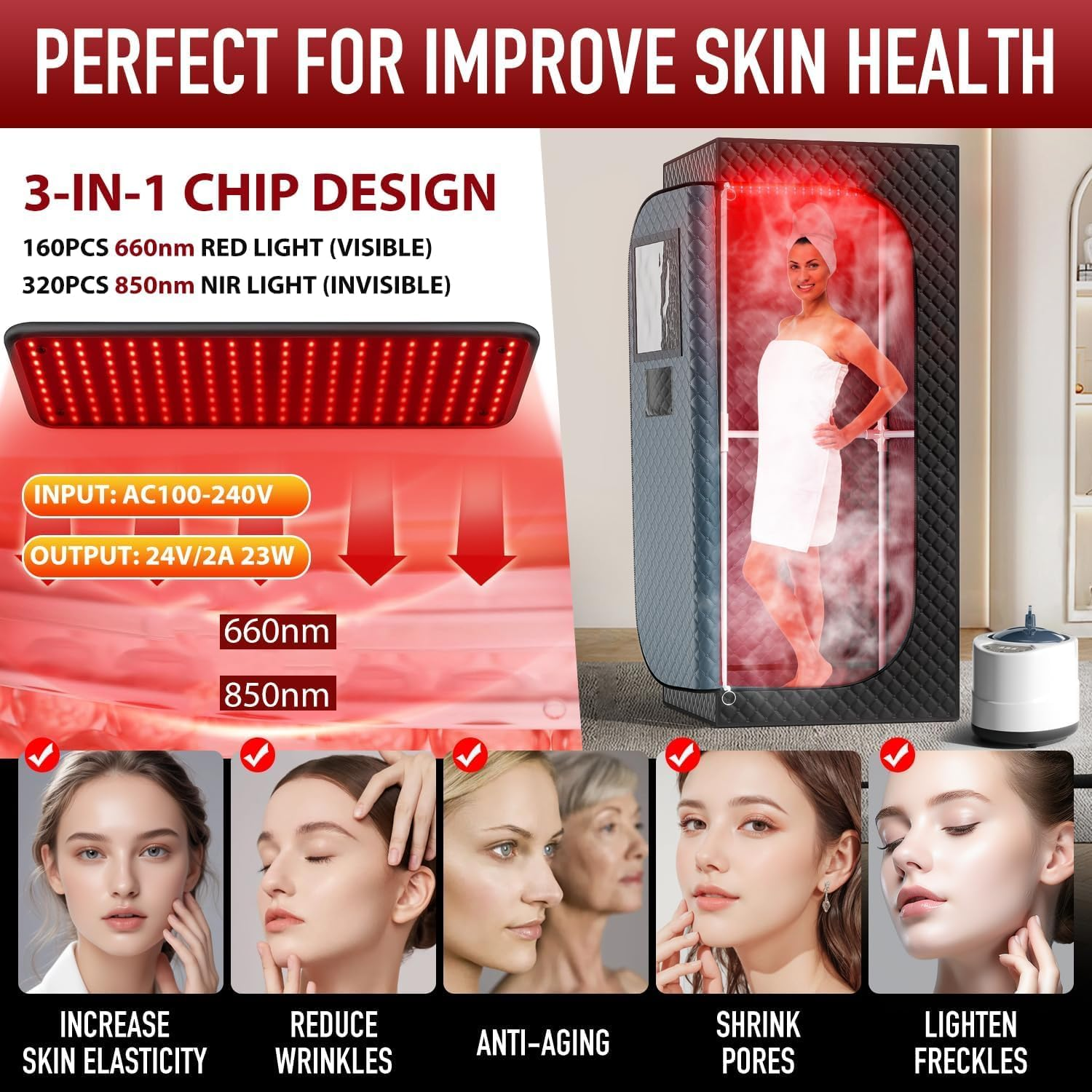 Portable Sauna Tent with Steam 660Nm Red Light & 850Nm Light Device, 3L Steamer, Folding Chair, Personal Sauna Box Sauna Tent Home Sauna