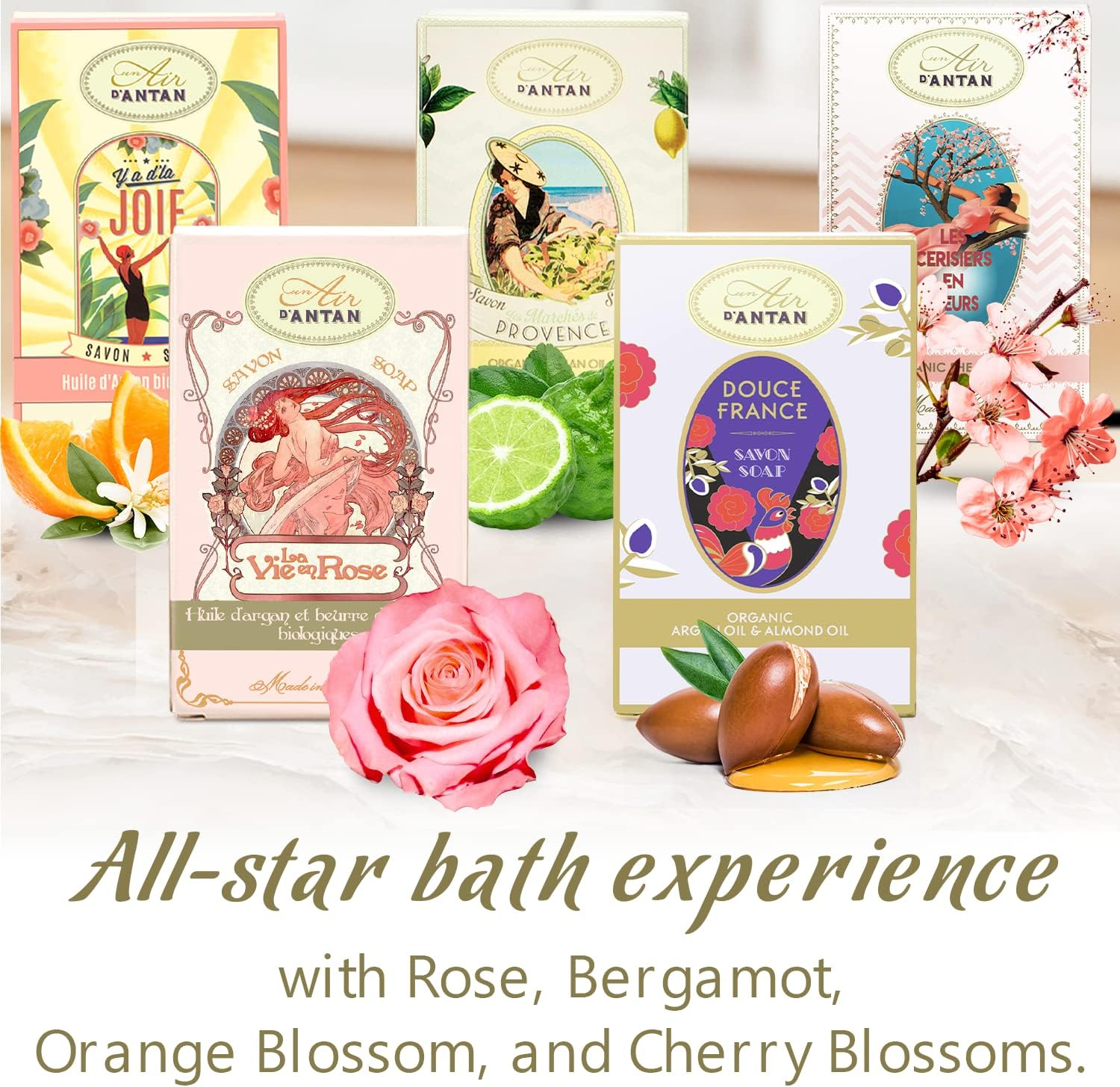 Un Air D'Antan Pack of 5 Soap - Organic Shea Butter, Organic Argan Oil, Sweet Almond Oil - Perfumes : Rose, Almond, Verbena, Orange Blossom, Cherry Blossom / Advent Calendar Beauty / Advent Calendar for Women