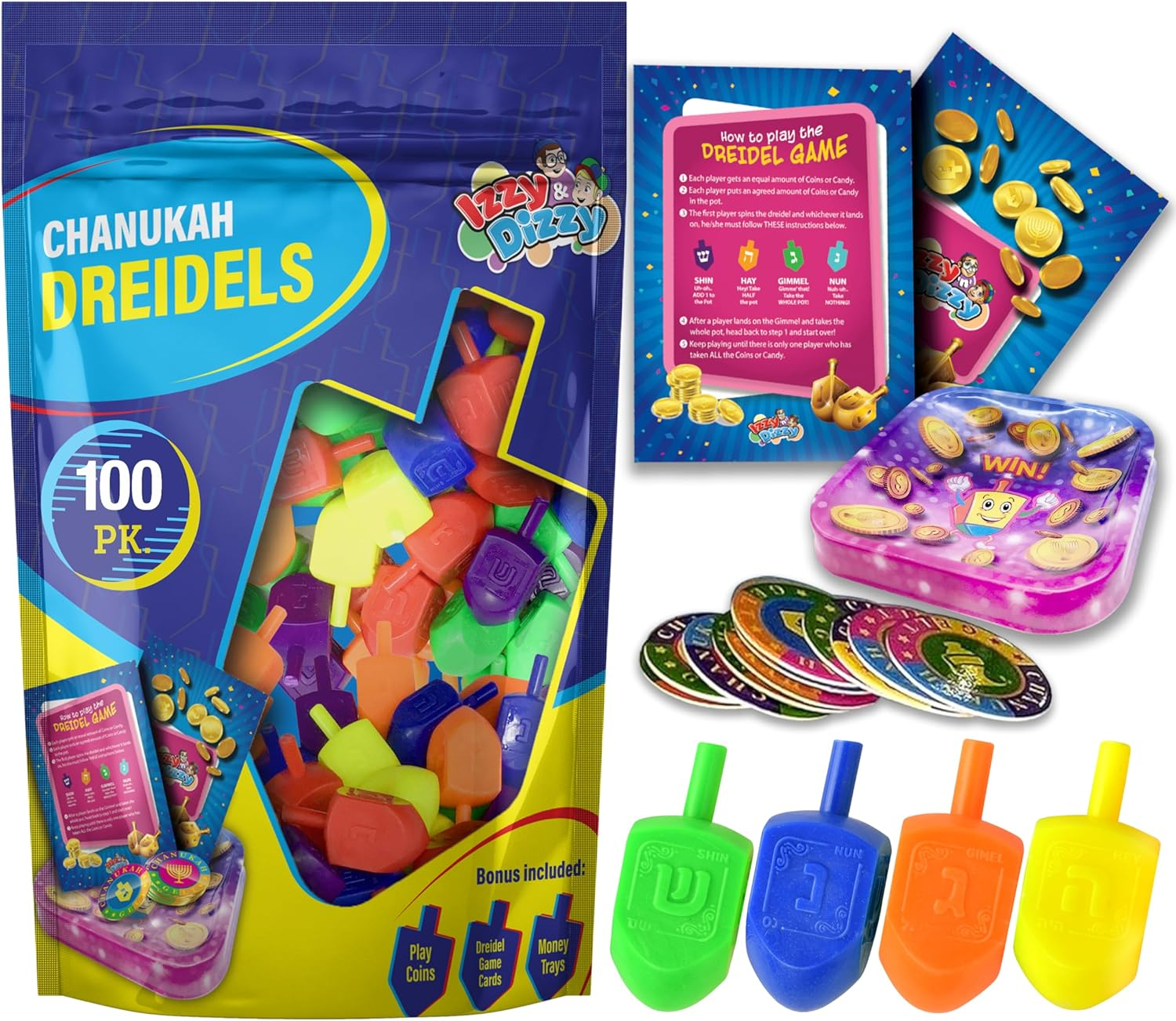 100 Medium Dreidels - Assorted Colors - Classic Chanukah Spinning Draidel Game and Prize - Bulk Value Pack - by Izzy 'N' Dizzy