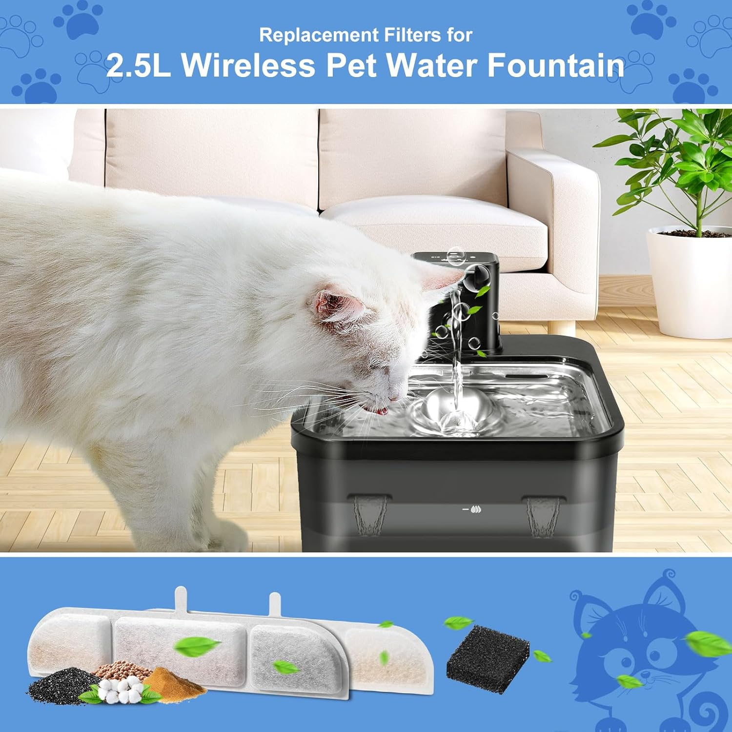 Pack of 6 Cat Fountain Filter, Feriva Cat Fountain Filter for 2.5 L Cat Fountain Wireless, Quadruple Action Pet Water Fountain Filter, Replacement Filter and Pre-Filter Sponges for Cat Drinking image number 4