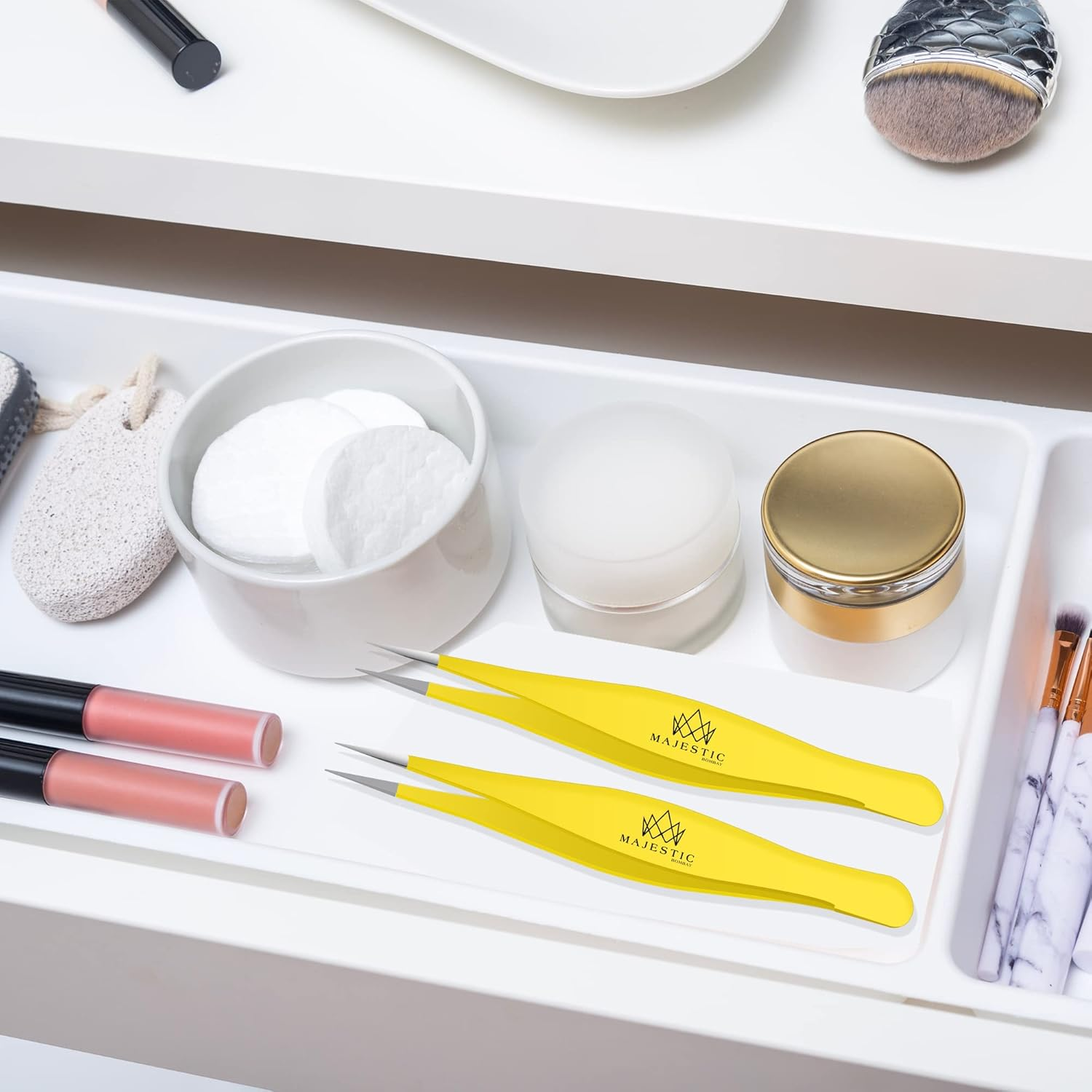 Majestic Bombay Fine Point Tweezers for Women and Men &ndash; Splinter Ticks, Facial, Brow and Ingrown Hair Removal&ndash;Sharp, Needle Nose, Surgical Tweezers Precision Pluckers Best Tweezers for Chin Hair - Yellow image number 2