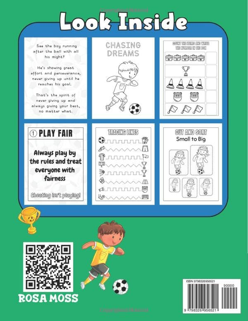Soccer Activity Book for Kids Ages 3-5: Lessons on Teamwork, Fair Play, and Respect with Tracing Lines, Scissor Skills, Shape Counting, Soccer Maze, and Count & Mark Activities