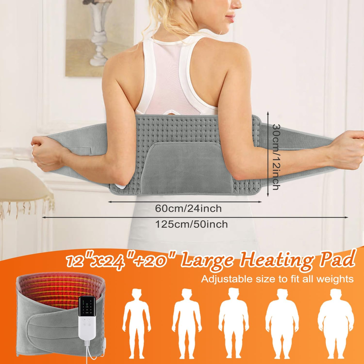 Necomi Heating Pad for Back Pain Relief, 30 X 125 Cm Fast Electric Heating Pad with 10 Heat Settings, 4 Timer Options, Soft Machine Washable Electric Heating Pad with Velcro & Pockets for Abdominal Neck & Shoulder Pain, Fast Heating image number 4