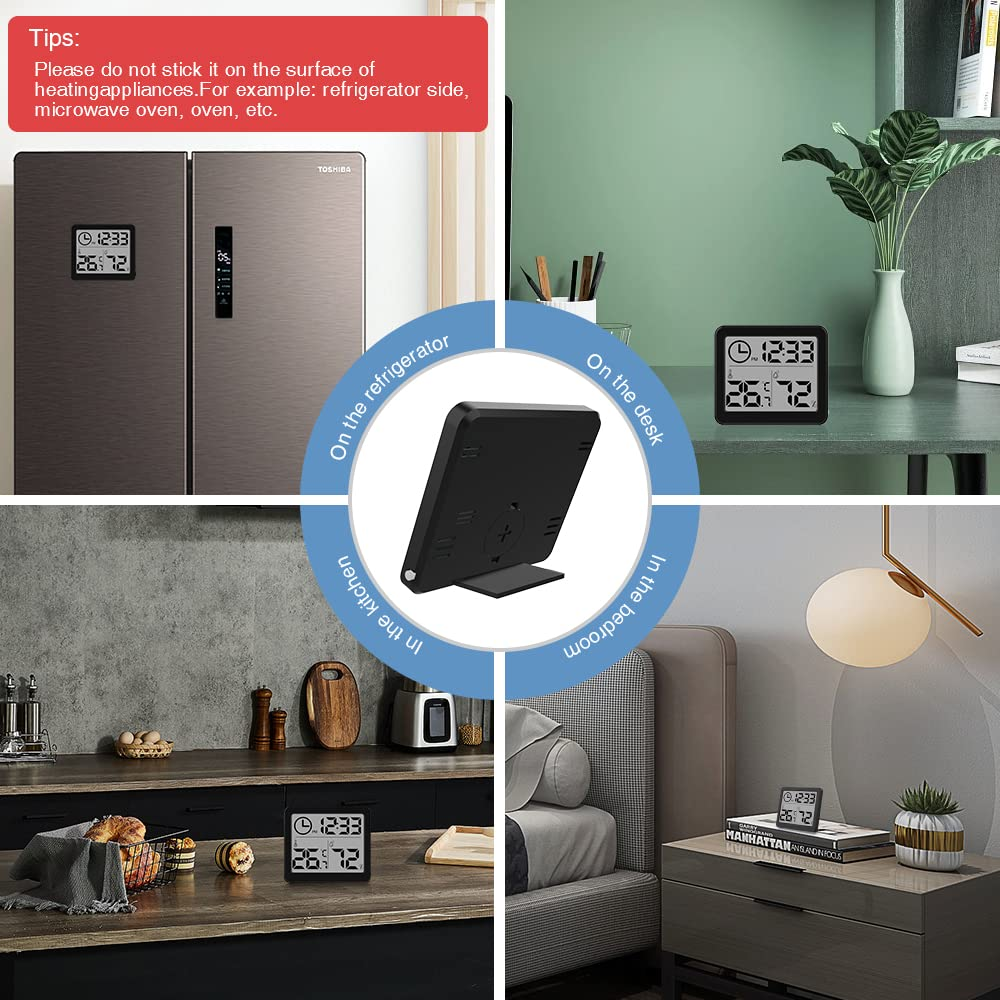 [2 Pack] 3.2 Inch Digital Indoor Hygrometer Thermometer, Room Thermometer Humidity Gauge with Time Clock, High Accuracy Temperature Humidity Monitor with Magnet for Home Office Greenhouse, Black image number 2