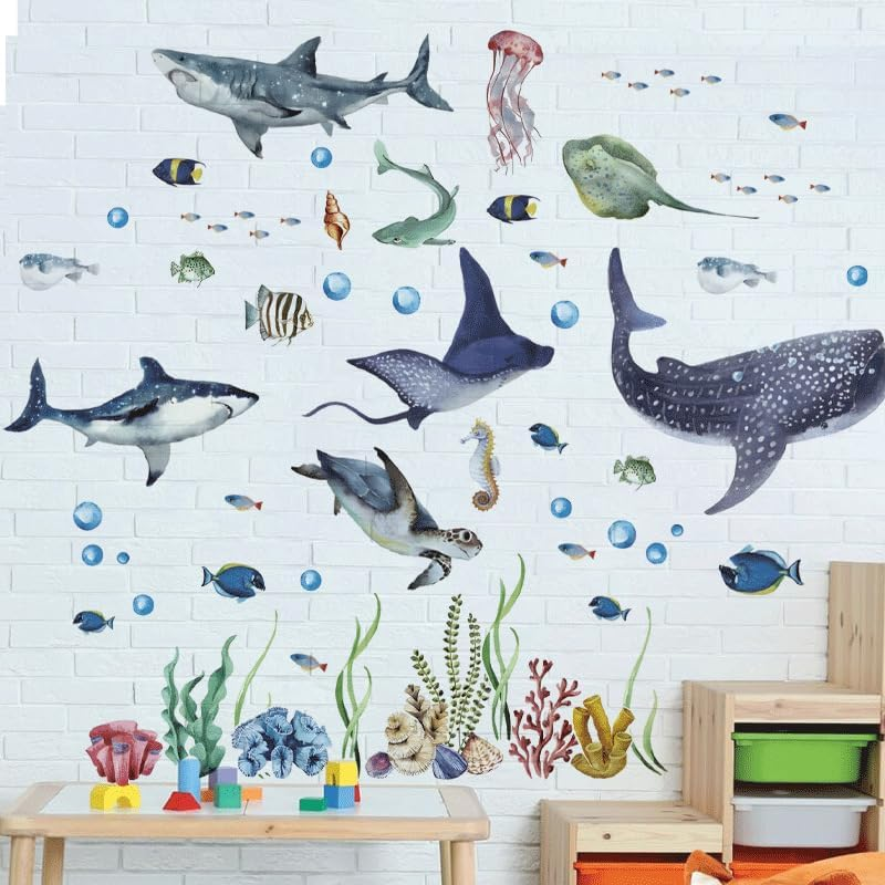 Large Watercolor Sharks Wall Decals Ocean Animal Peel and Stick Wall Sticker under the Sea Marine Life Theme Decals Room Home Decor Party Supply (30 * 90Cm, 4Pcs) image number 4
