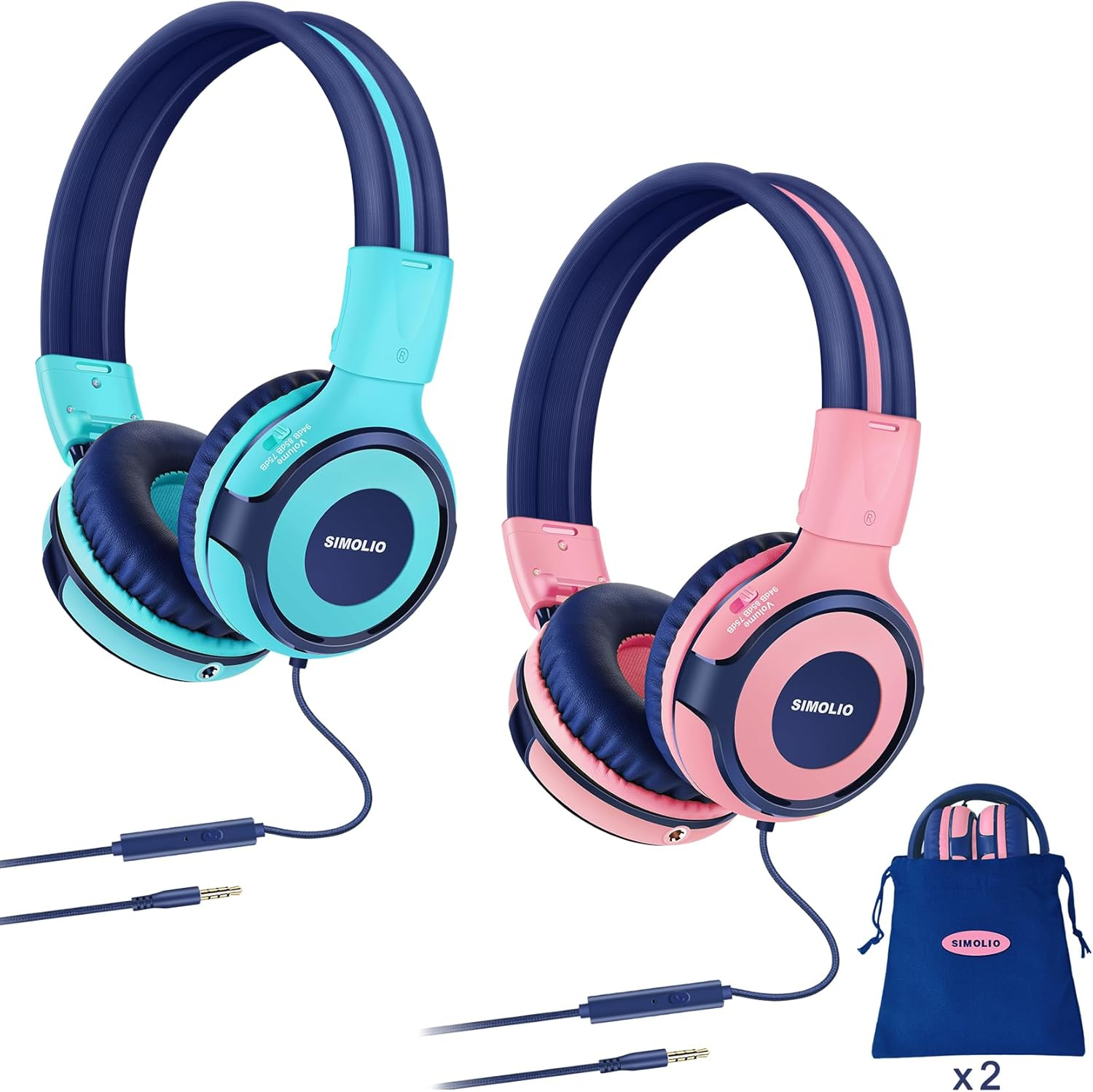 2 Pack of SIMOLIO Kids Headphone with Mic, Safe for Kids with Volume Limited, Wired Headphones for Girls,Boys,On-Ear Kids Headphones for School,Travel (Mint,Pink) image number 5