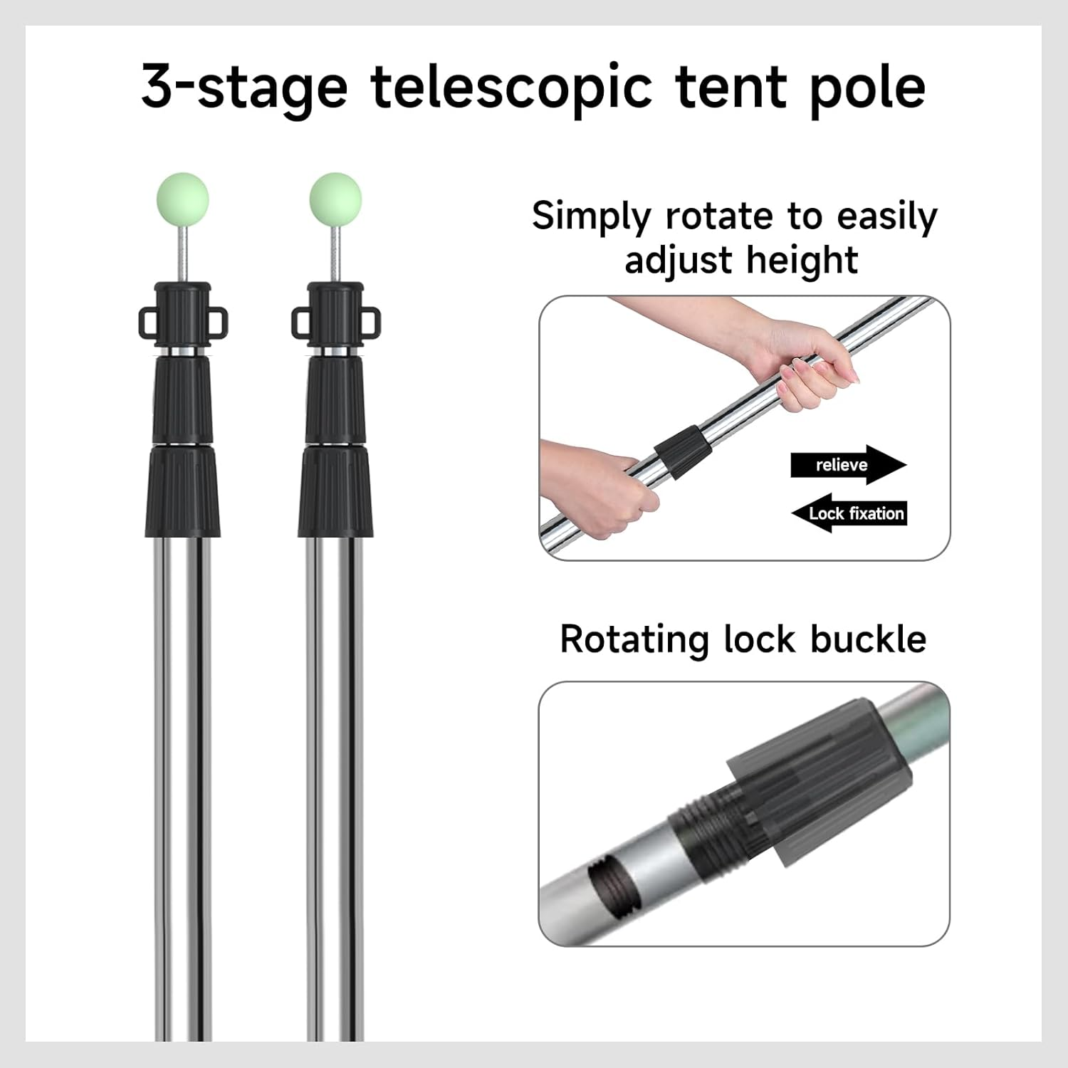 KOMCLUB Telescoping Tarp Poles | 3 Section Stepless Adjustable Tent Poles 75" Lightweight Stainless Steel with Storage Bag for Camping Canopy Awning Backpacking Hiking Set of 2 (Black image number 3