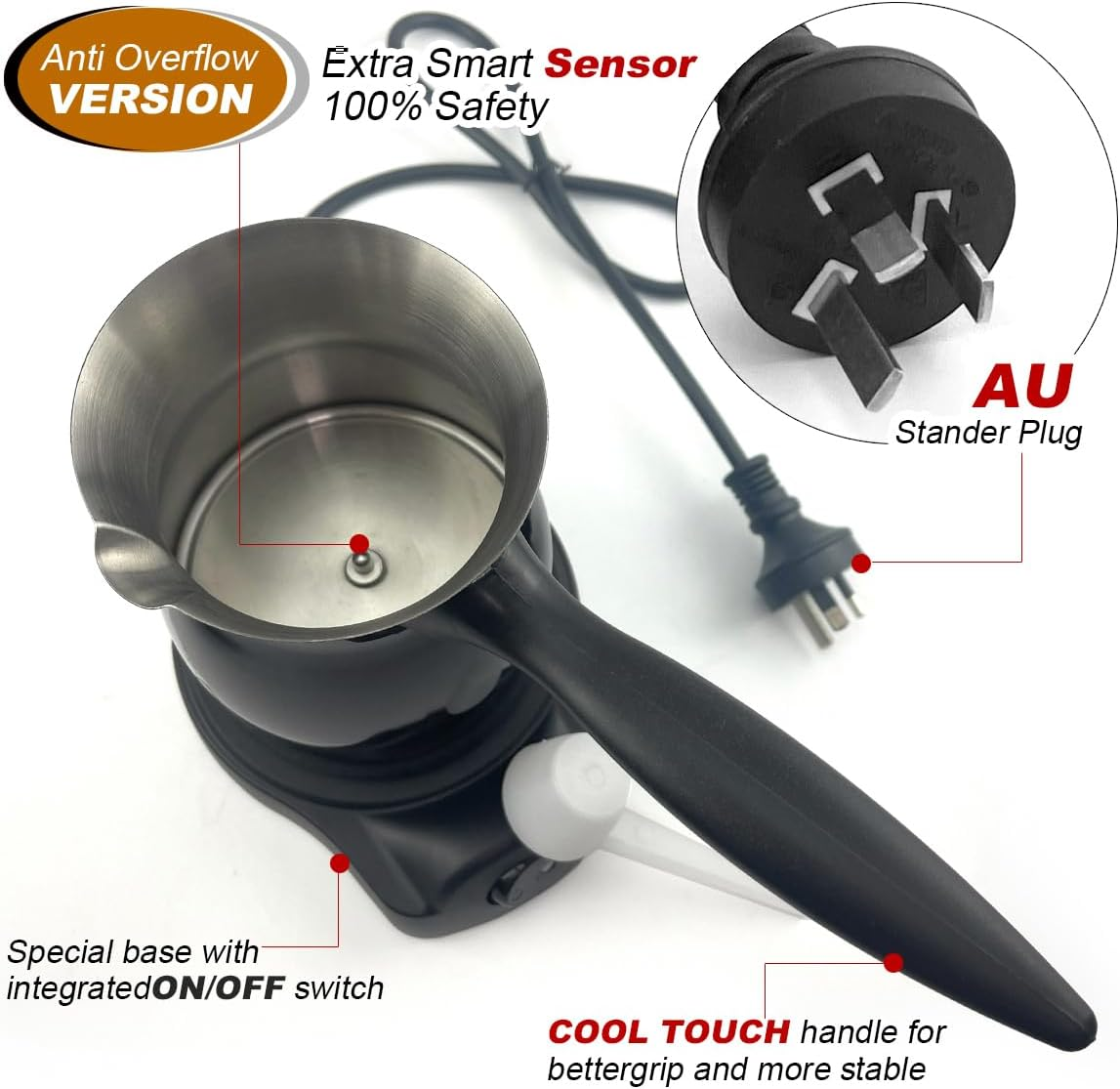 4 Cup Electric Turkish Coffee Pot - Stainless Steel Coffee Maker for Turkish, Arabic/Greek Coffee, Automatic Sensor, Anti-Overflow-Portable Coffee & Tea Machine for Home and Office (Black) - Red image number 5