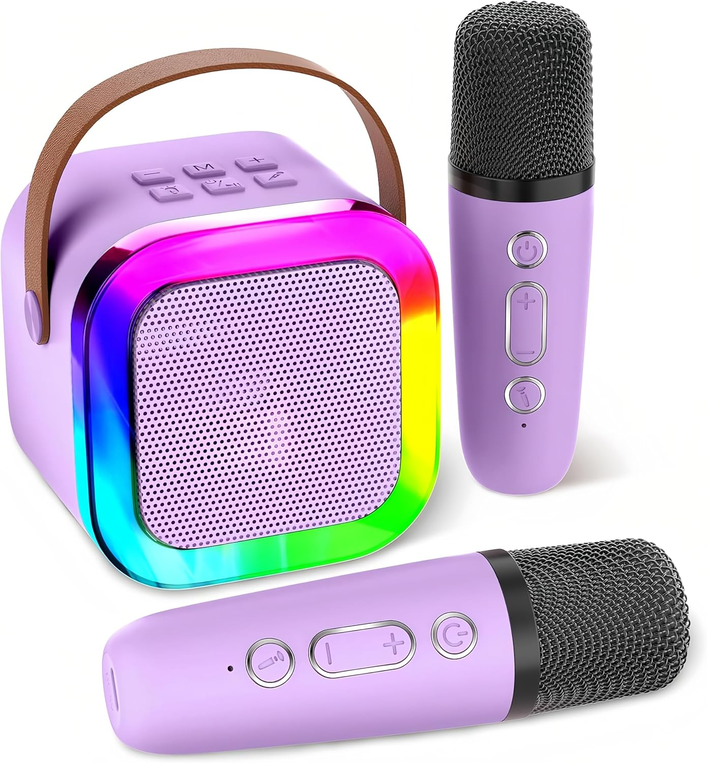 Mini Karaoke Machine Speaker for Kids Adults, Toys for Girls Boys Friends Age 3-12+, Birthday Gifts Portable Bluetooth Speaker with 2 Wireless Mics for 5 6 7 8 9 10 11 Years Teens Girl Boys (Purple) image number 1