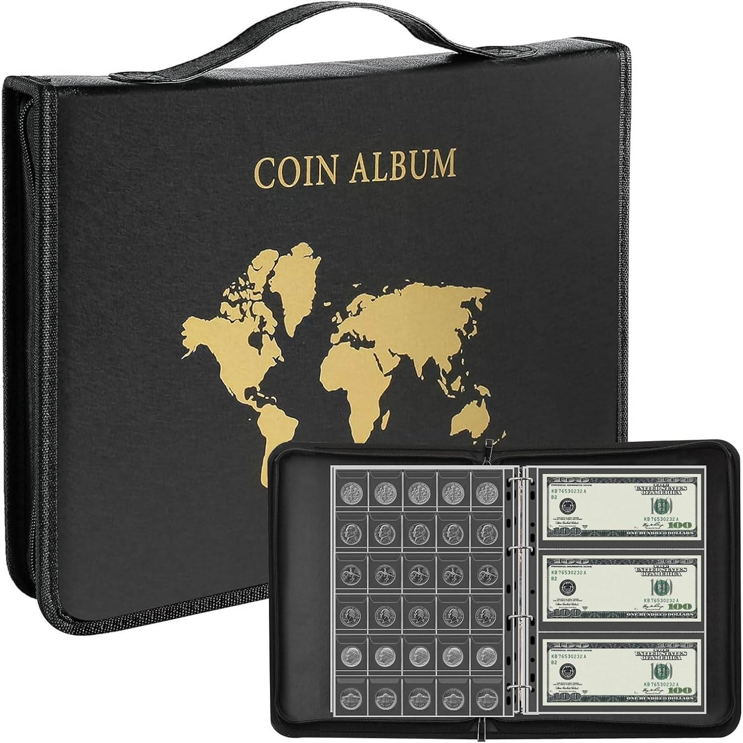 World Map Coin Collection Album for Collectors Holder, Expandable Coin Storage Book with Secure Zipper and Handy Handle Coin Storage Case Box for Coin Collection Holder, 260 Coin & 30 Bill Sleeves image number 2