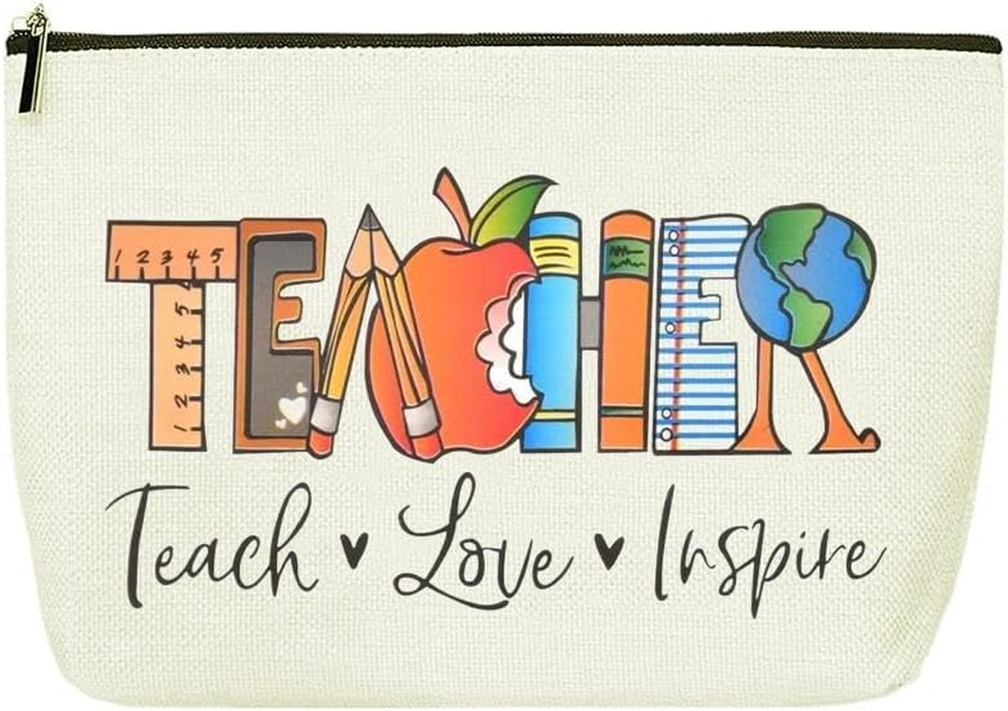 Teacher Inspirational Gifts Makeup Bag for Women Teacher Design with Teach Love Inspire Canvas Cosmetic Bags Travel Toiletry Pouches for Teachers Appreciation Back to School Christmas Birthday Gift