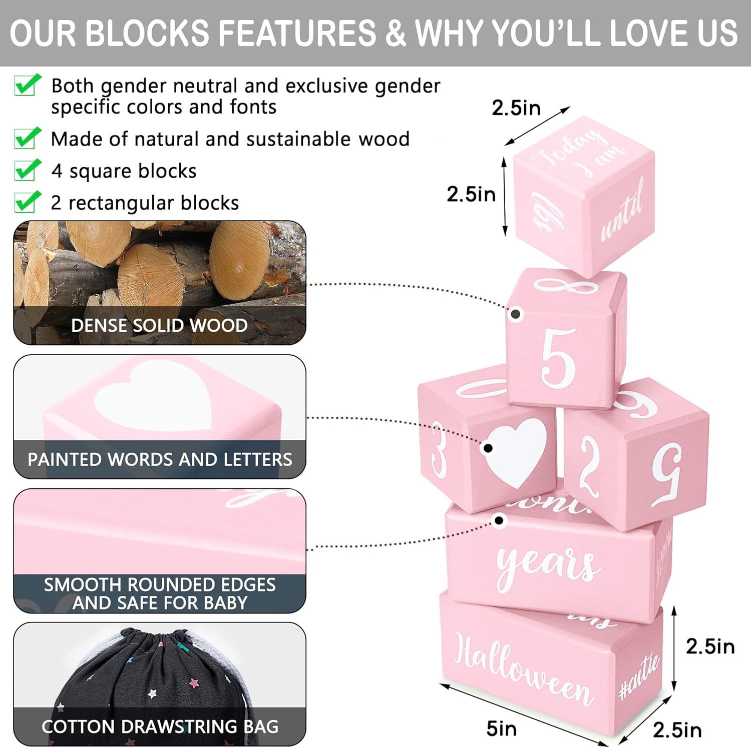 Pink Baby Monthly Milestone Blocks with Bag. Baby Age Blocks for Girl or Boy Baby Photo Props and Baby Shower. Month Baby Milestone Blocks with Grammatically Correct Month and Year - Pink image number 2