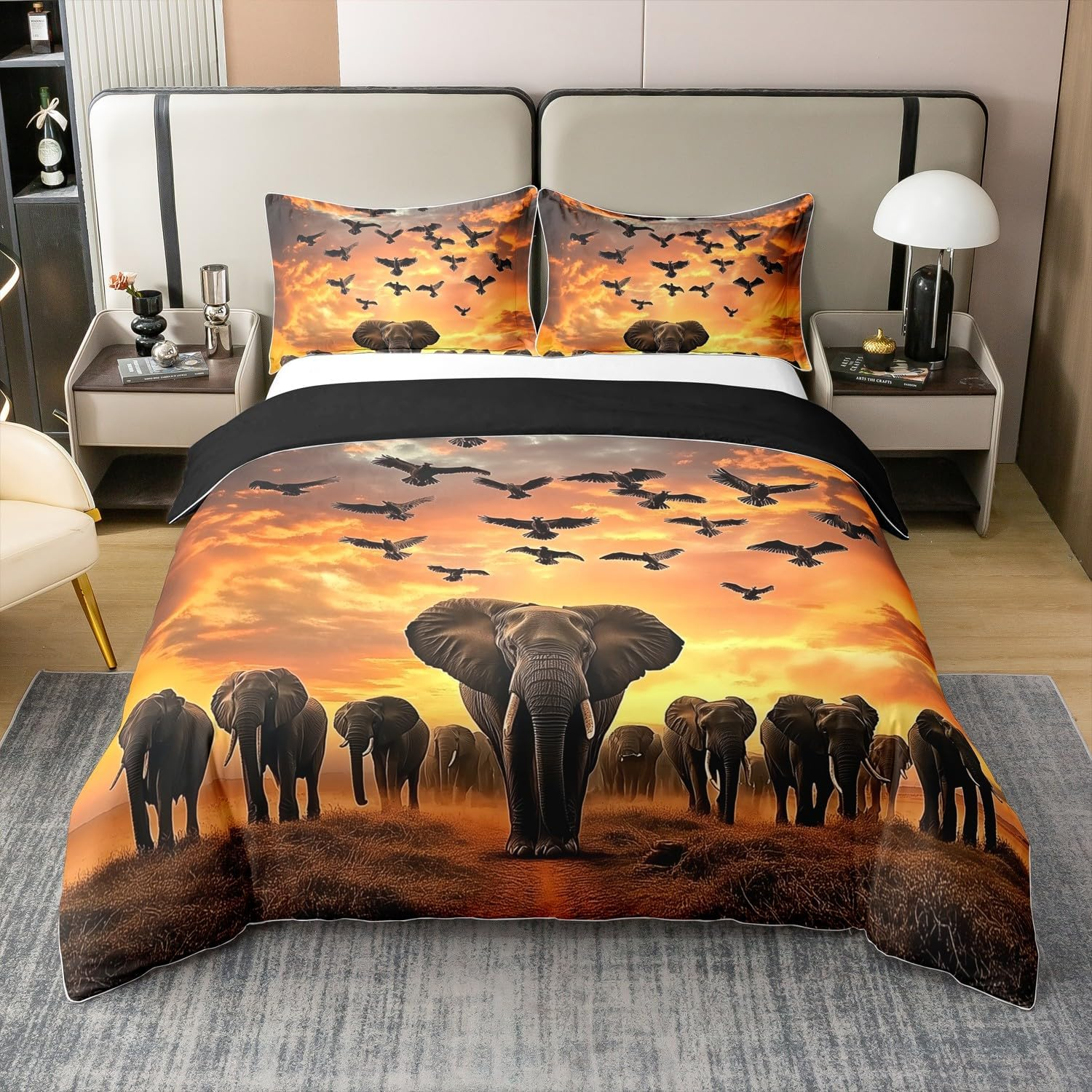 100% Cotton Elephant Bed Linen Set, Sunset Landscape Bed Linen, African Wildlife Duvet Cover 200 X 200.2 Cm Pillowcases, Eagle Comforter Cover, Animal Theme Duvet Cover for Room Decor, Orange