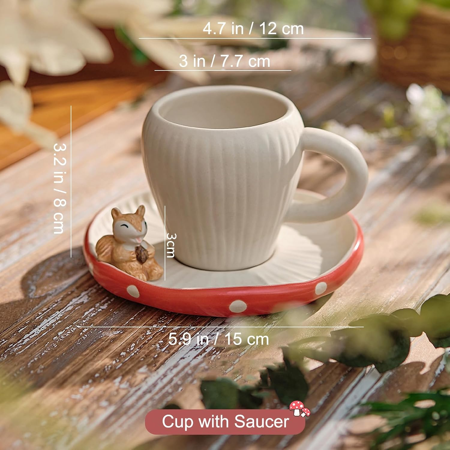 RESVUGA Cute Mushroom Mug with Saucer, Handmade Glaze Polka Dot, with Squirrel Decoration on the Plate. Safety Matt Ceramic Coffee Cups, 11 Oz Cartoon Tea Cup. Best Gifts for Women & Girls.