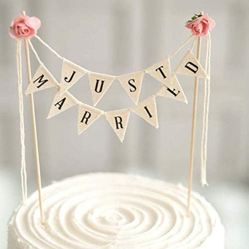 Wedding Cake Topper,Vintage Affair Rustic Just Married Wedding Cake or Cheese Bunting,Handmade Pennant Flags with Wood Pole Ivory (With Pink Rose)