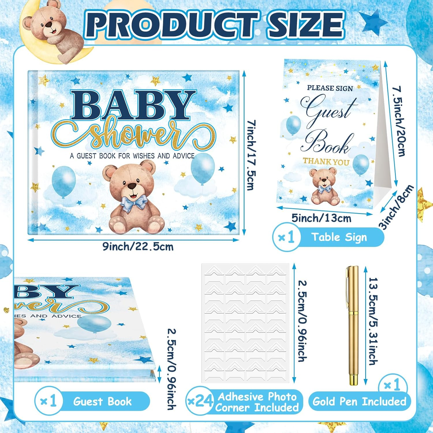 Blue Bear Baby Shower Guest Book Baby Shower Sign in Guest Book Reception with Baby Sonogram Page Keepsake Includes Gold Pen Table Card and Adhesive Photo Corner for Birthday (Little Bear) image number 1