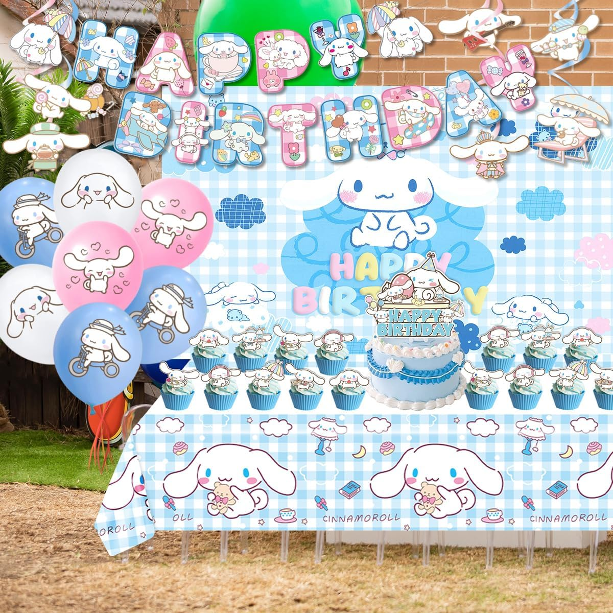 Cinnamoroll Birthday Decorations, Party Supplies Set Include Banner, Backdrop, Balloons, Hanging Swirls, Cake Cupcake Toppers, Tablecloth for Kids Cinnamoroll Theme Party image number 4