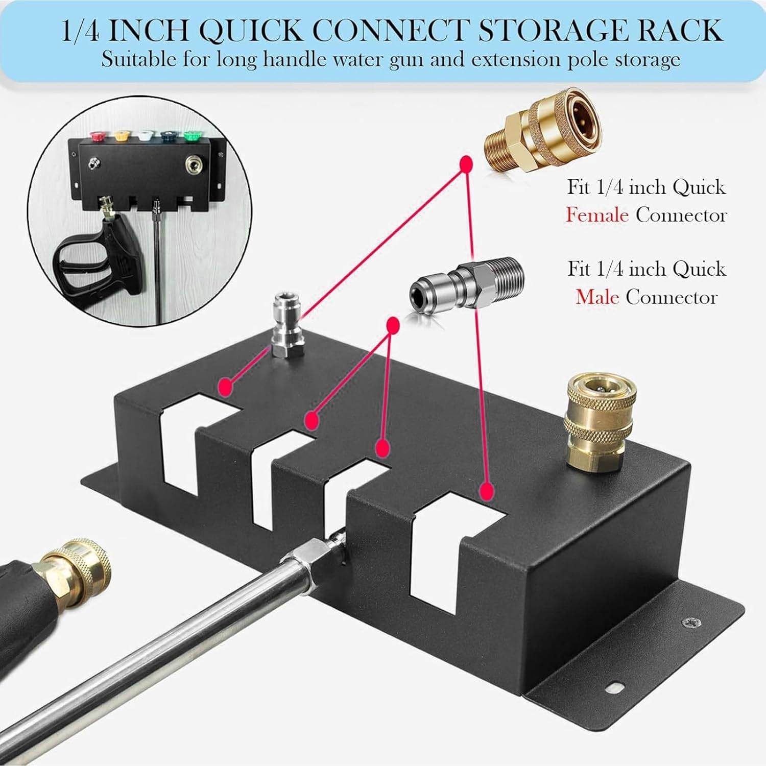 Pressure Washer Gun Holder, Foam Cannon Holder, Stainless Steel Storage Rack Organizer Wall Mounted for Foam Cannons, Washer Nozzle Tips and Wand, Fit 1/4 Inch Quick Connector image number 6