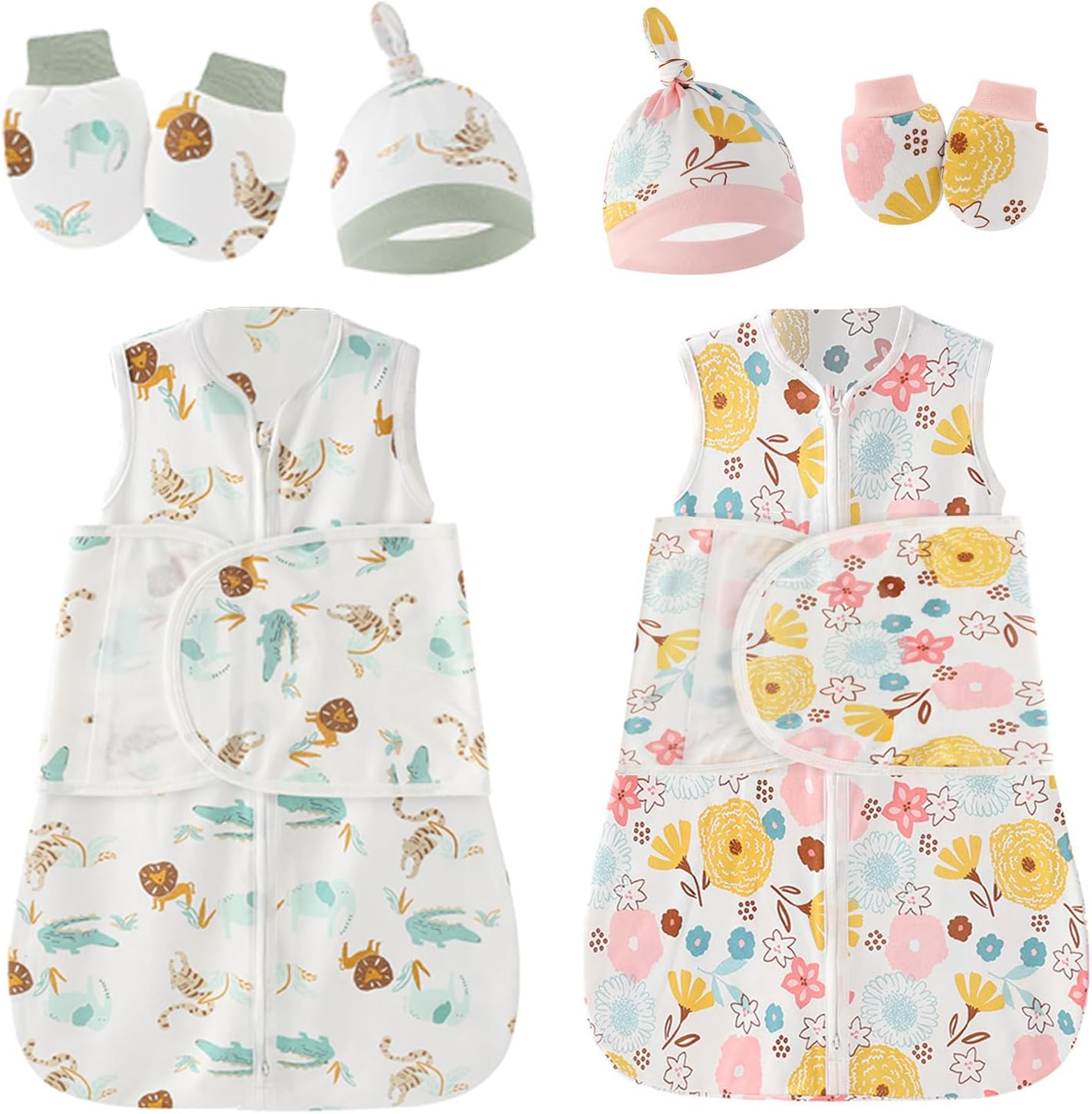 2 Pack,Newborn Sleep Sack,Winged Baby anti Startle Swaddling Clothes，100% Cotton Sleepsack Swaddle,3-6 Months,3-Way Adjustable Wearable Transition Blanket, Hat and Mittens, Animal and Floral Patterns image number 3