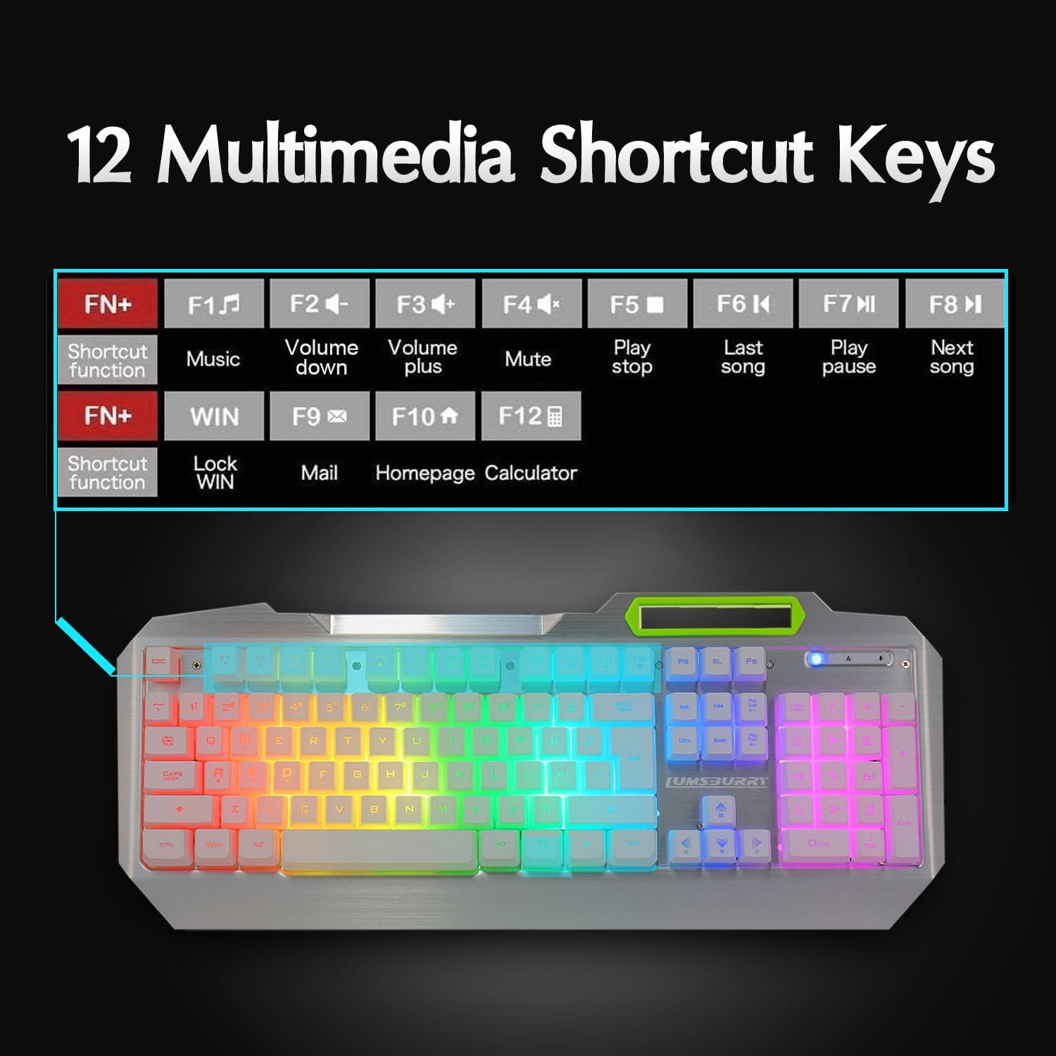 Lumsburry RGB LED Backlit Gaming Keyboard with Anti-Ghosting, Light up Keys Multimedia Control, USB Wired 104 Keys Metal Keyboard for PC Games Office (Silver&White) - Cool Black image number 7