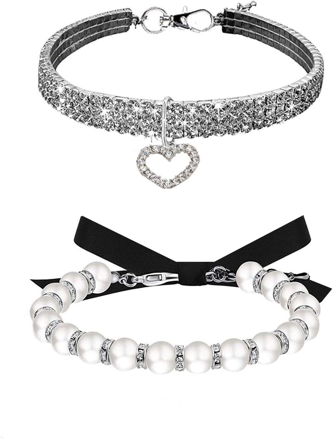 Rhinestones Dog Collar and Pearl Dog Necklace Set, Adjustable Neck Strap Bling Full Diamond Crystal Cute Pearl Dog Collar for Small Girls Cats Puppy Accessary for Wedding Birthday Party (4Pcs)